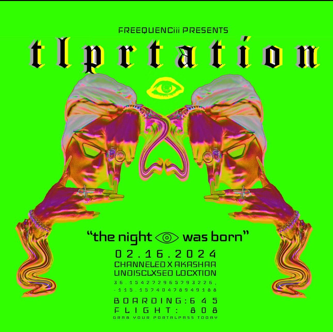 Abstract green electronic music event flyer featuring mirrored psychedelic artwork and warped text design elements.