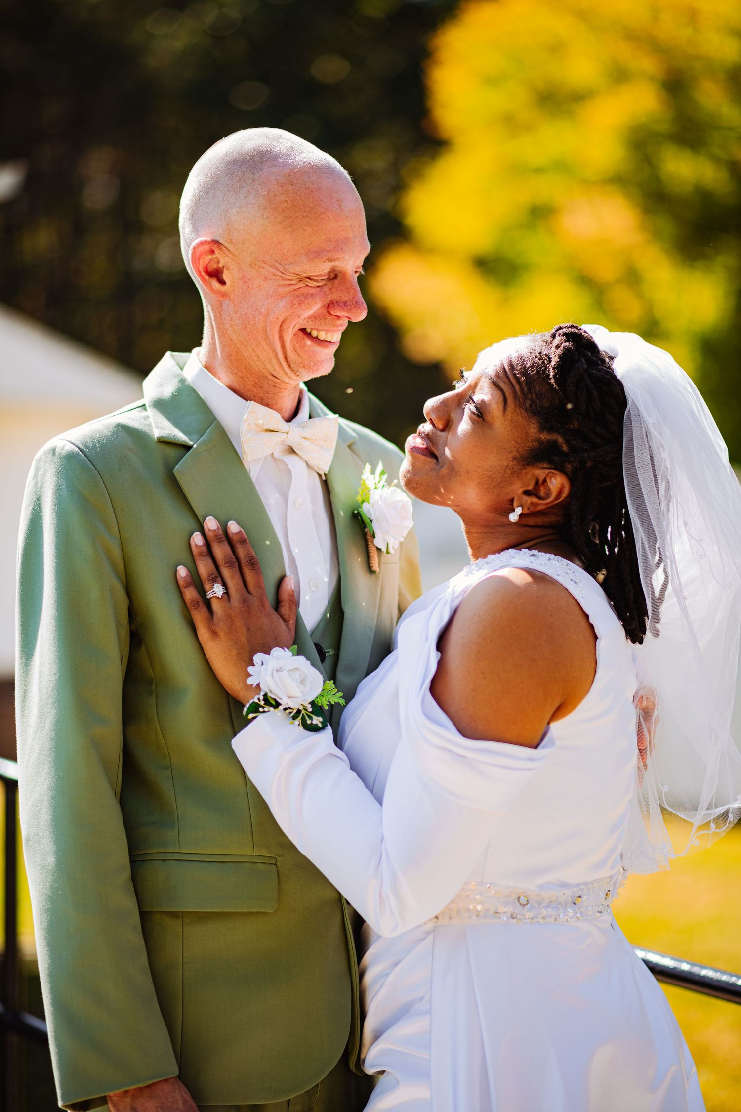 A series of romantic outdoor wedding photos showing a couple in white and mint green sharing intimate moments against autumn colors.