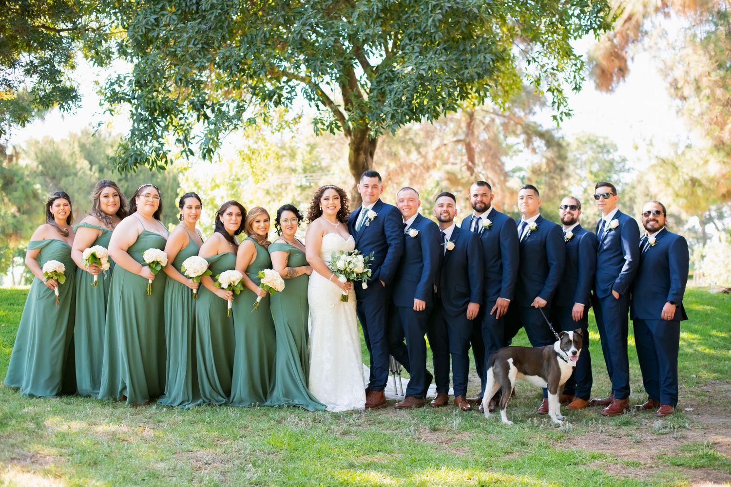 Panoramic shot of wedding party lined up under trees in navy and sage green attire.