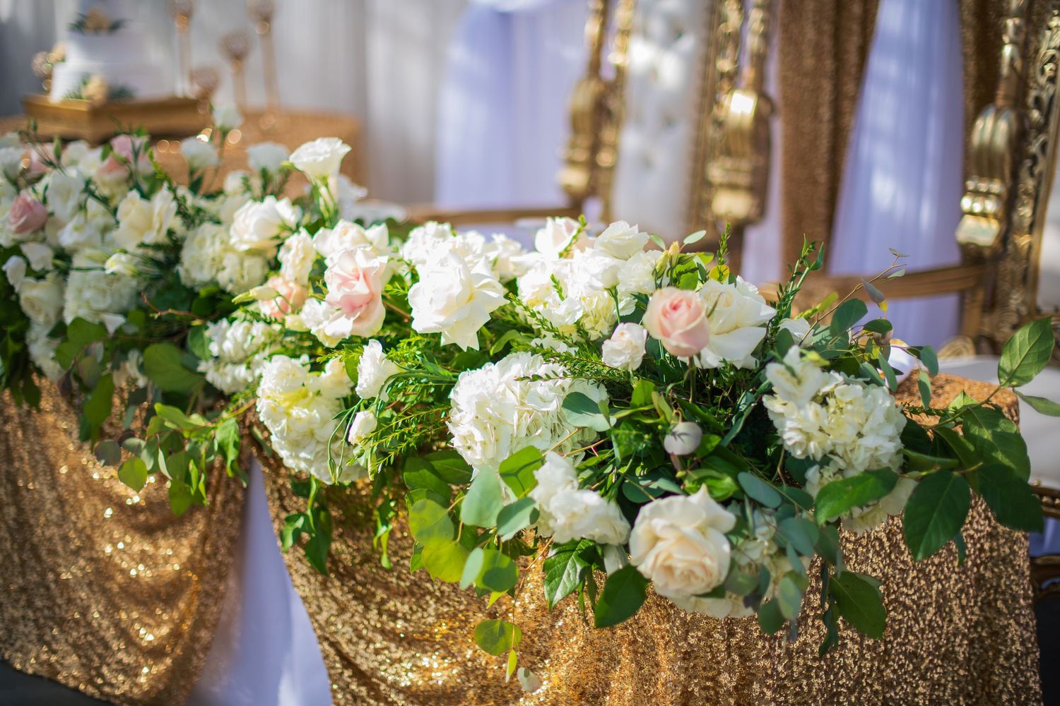Luxurious wedding centerpiece featuring white hydrangeas and roses on gold sequined tablecloth.