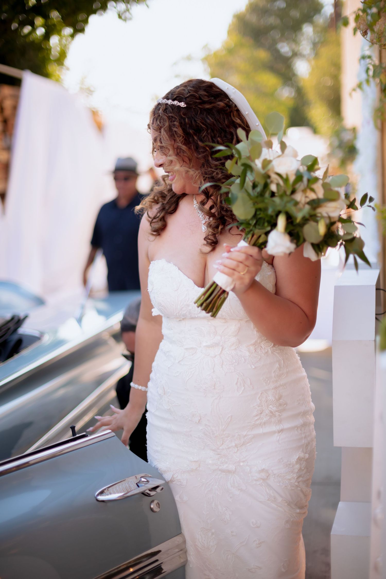 A bride in a white dress shown in multiple cropped views next to a car on her wedding day.