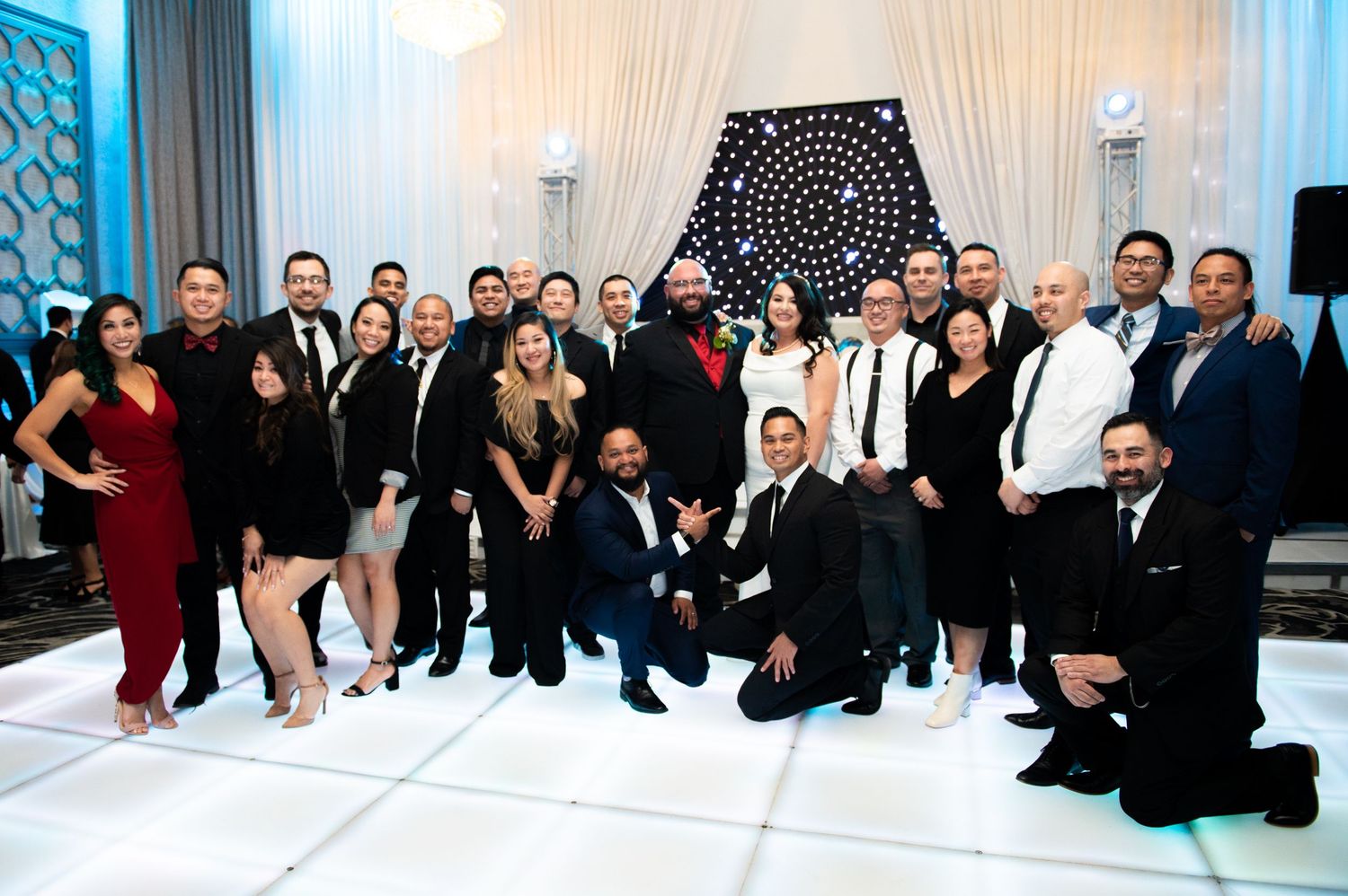 Large group photo collage showing multiple formal event scenes with people in black and white attire.