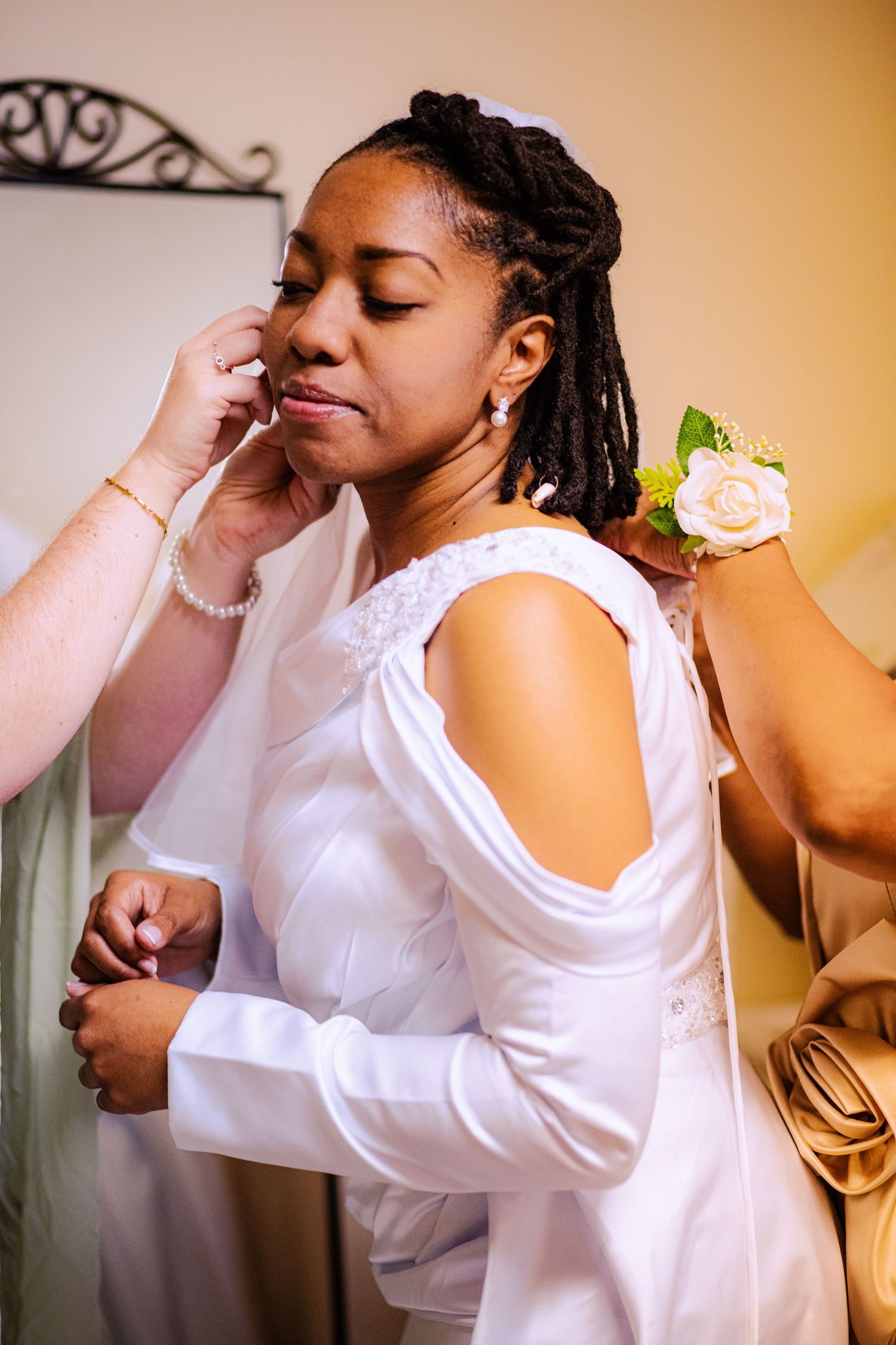 A series of emotional getting ready moments captured in warm lighting showing preparations for a special occasion.