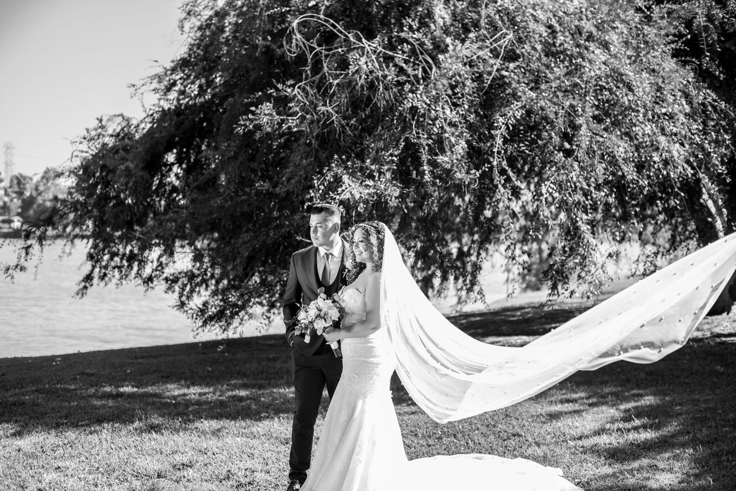 Black and white wedding photographs showing flowing veil movement in an outdoor setting.