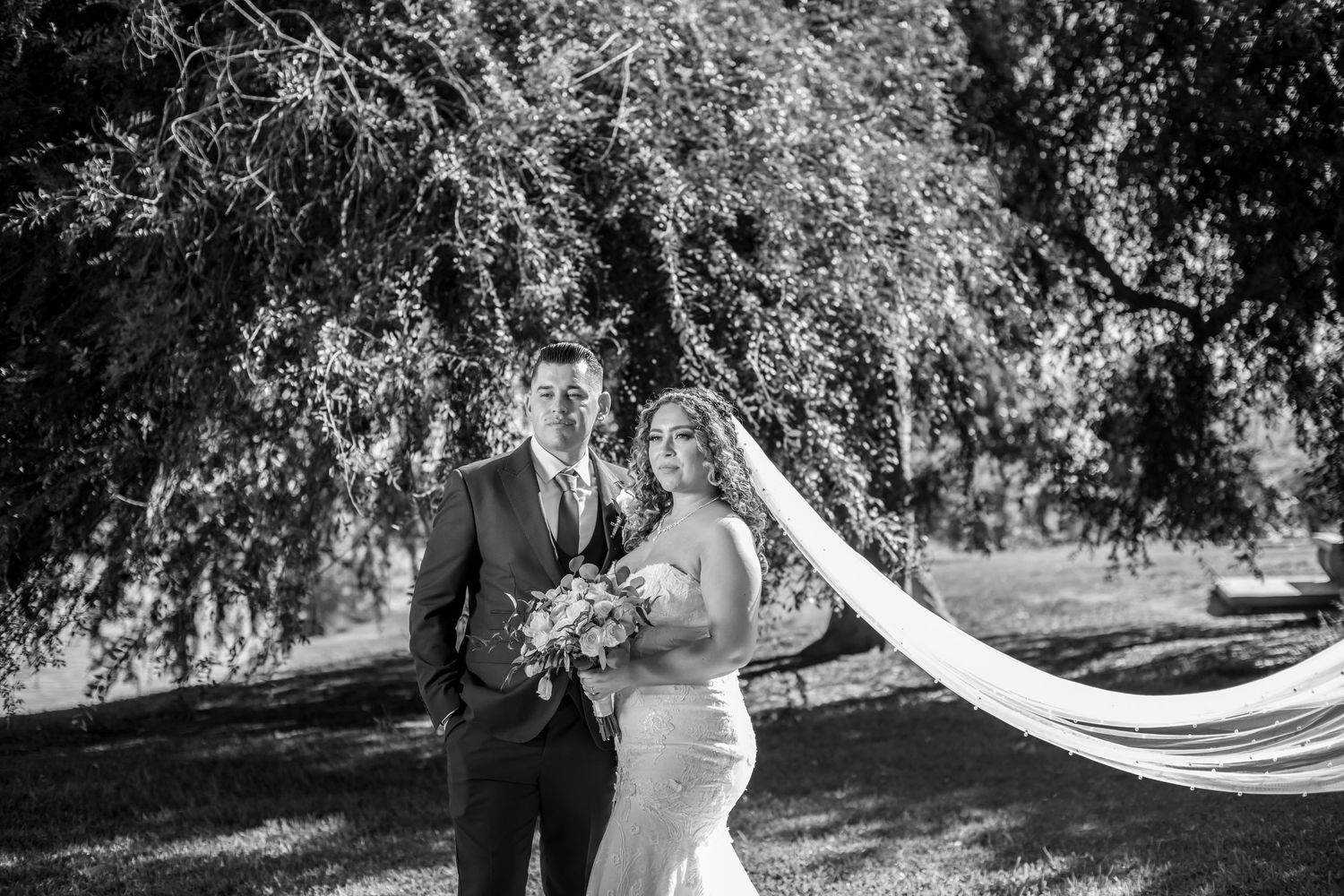 Dramatic black and white wedding portraits with flowing veil against natural backdrop.