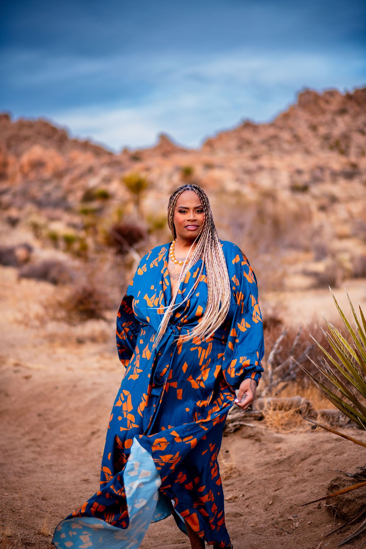 Model poses in vibrant blue patterned dress against desert mountain backdrop.