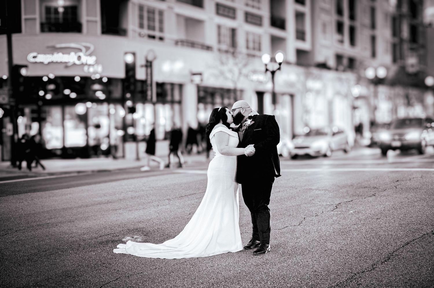 Elegant black and white wedding photography sequence showing a couple dancing in formal attire.