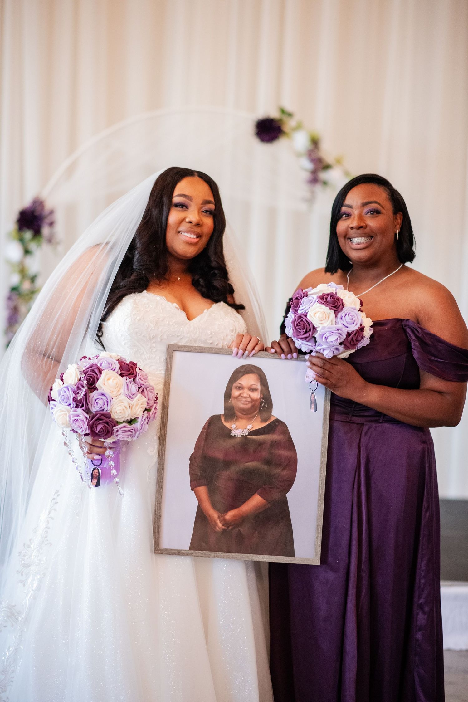 A wedding collage showing bridesmaids in purple dresses and a bride in white holding colorful floral bouquets.