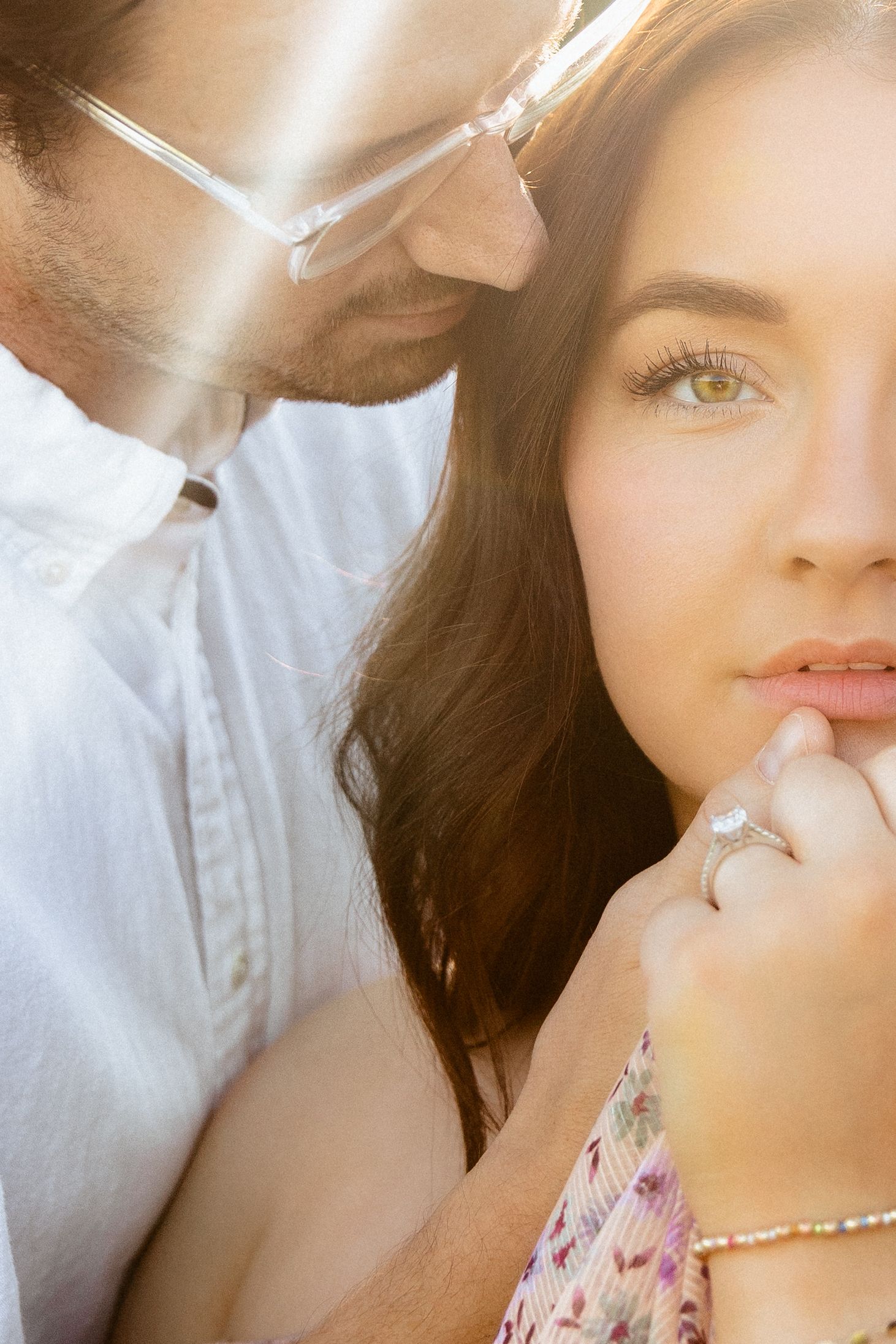 Soft focus close-up portraits capturing intimate moments in warm sunlight.