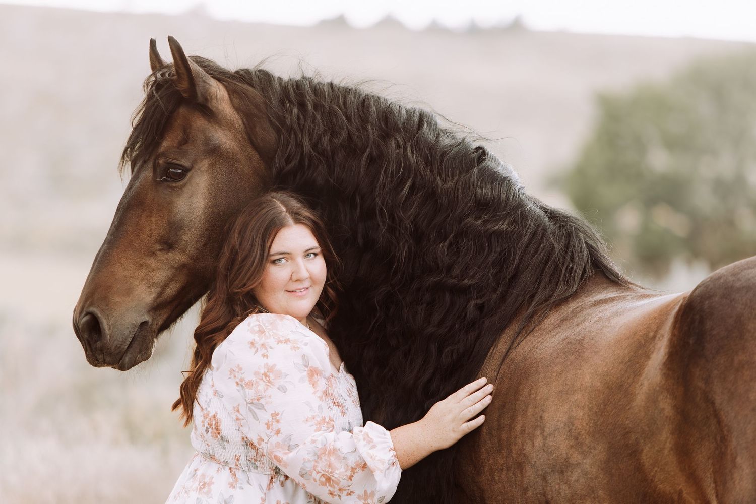 A series of romantic equine portraits showing a dark horse and person in a floral dress against a dreamy outdoor backdrop.