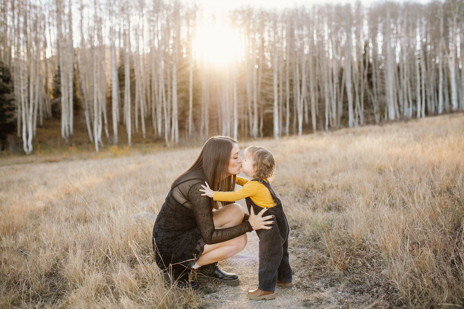 Family sharing tender moments together in a sun-dappled aspen forest.