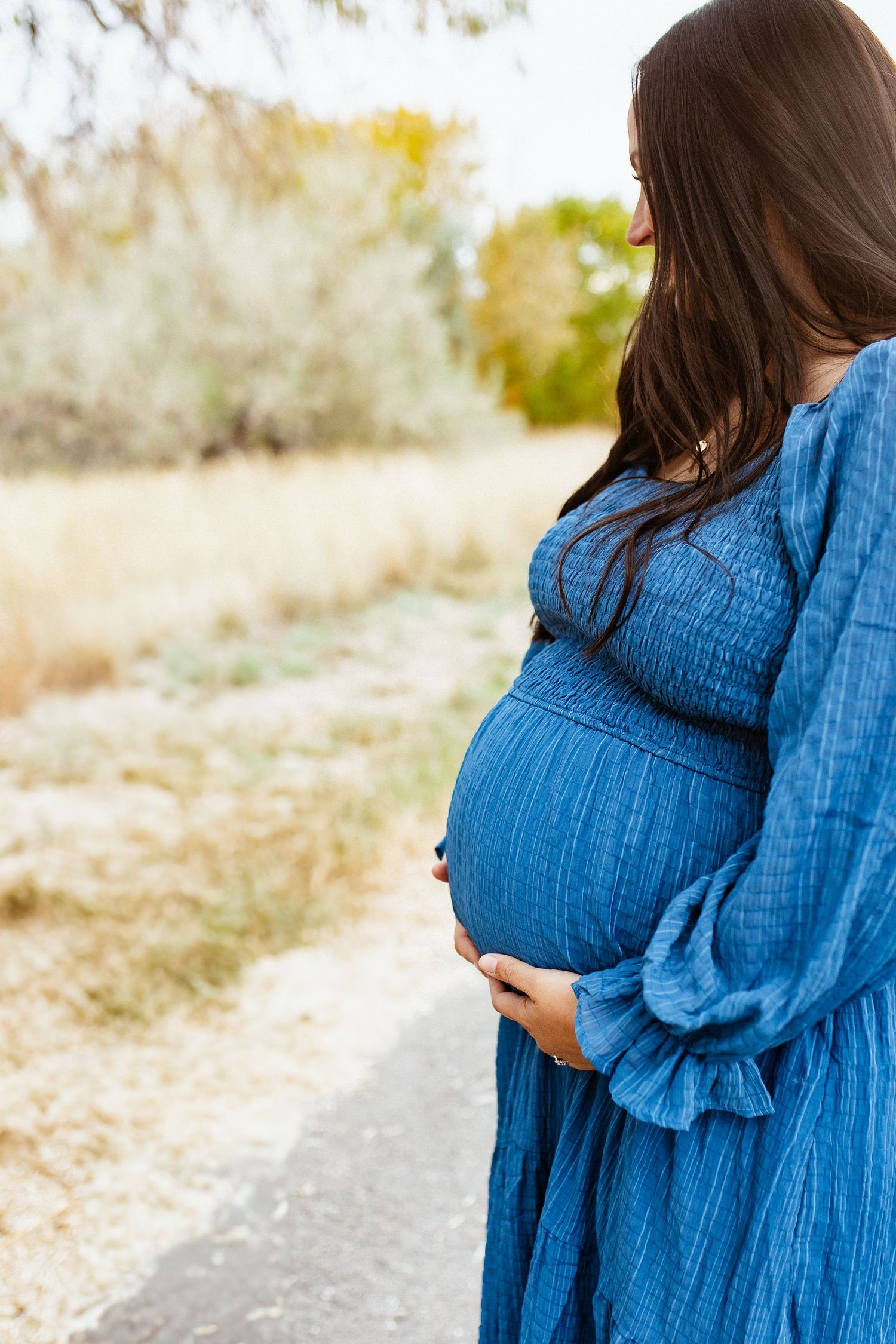 A woman in a blue dress cradles her pregnant belly while standing in a natural outdoor setting.