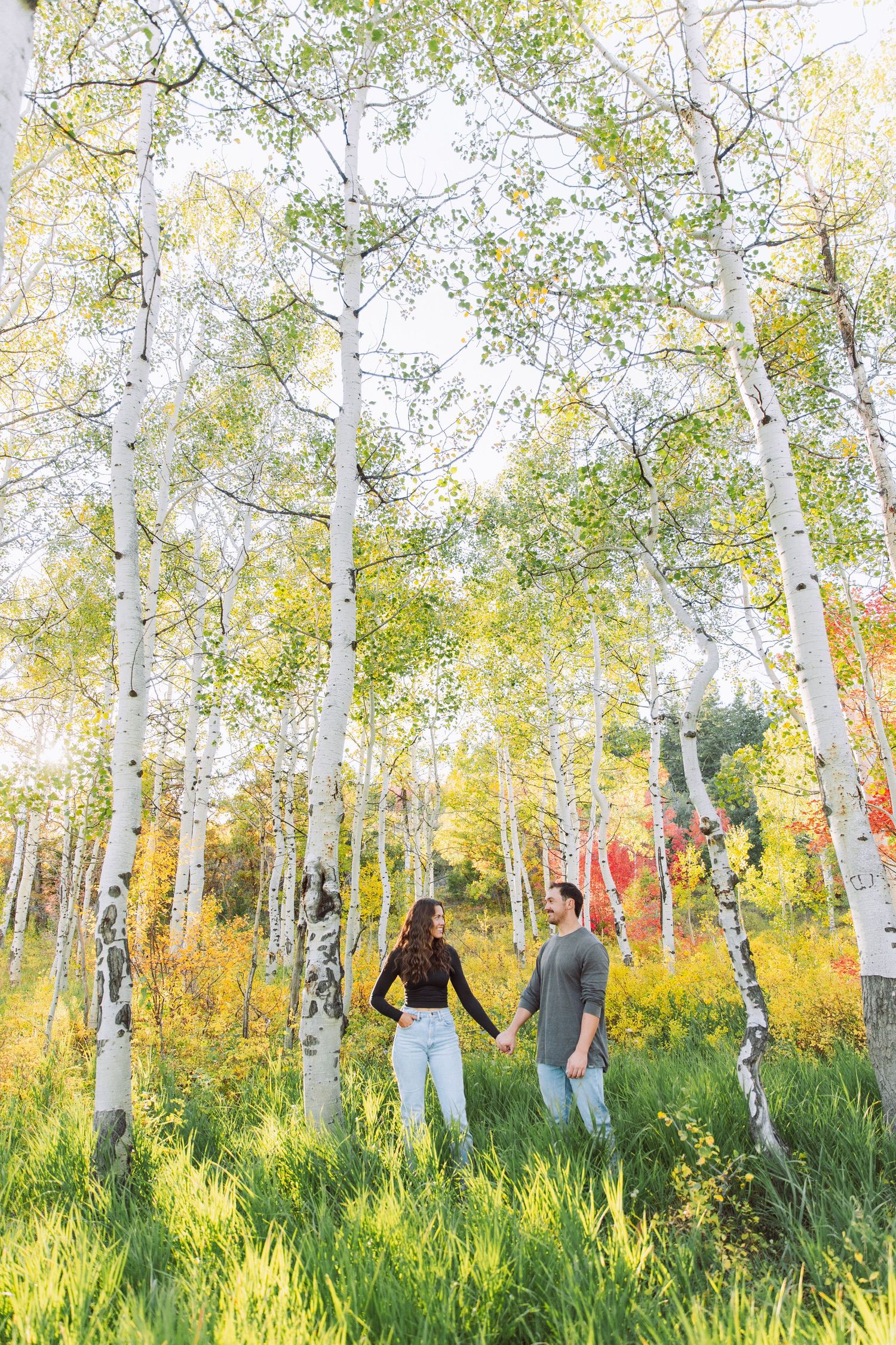 A couple holds hands while walking through a scenic aspen forest with fall colors.