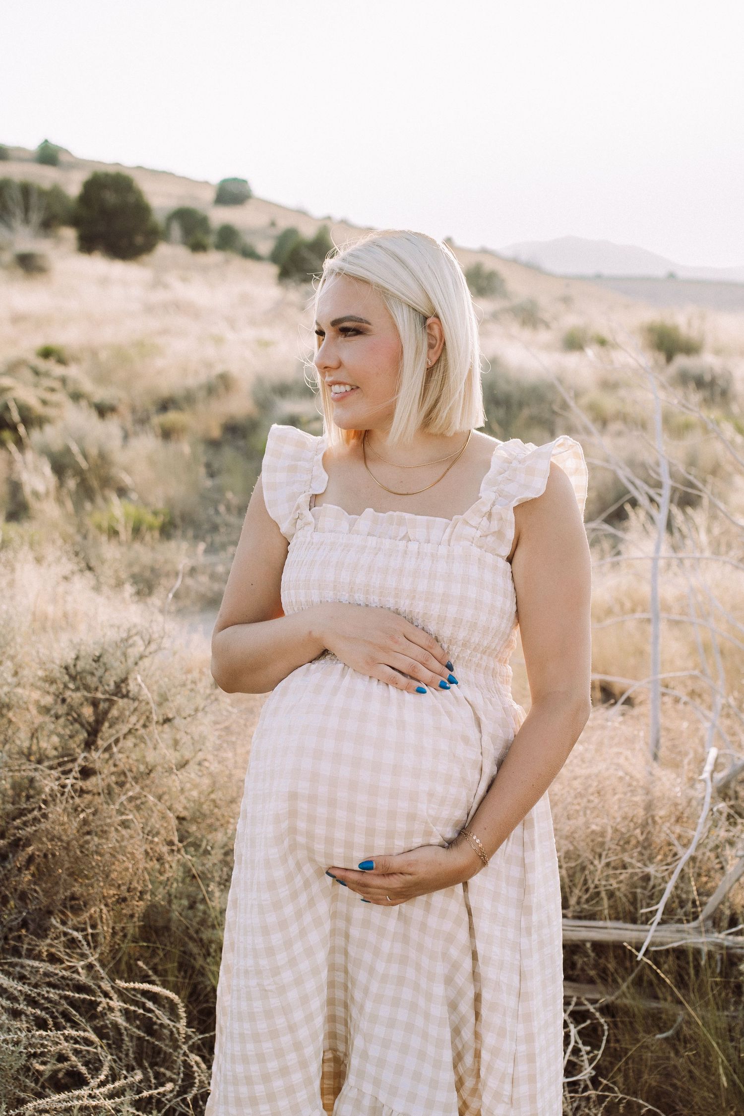 Woman in gingham dress poses in desert landscape during maternity photoshoot.