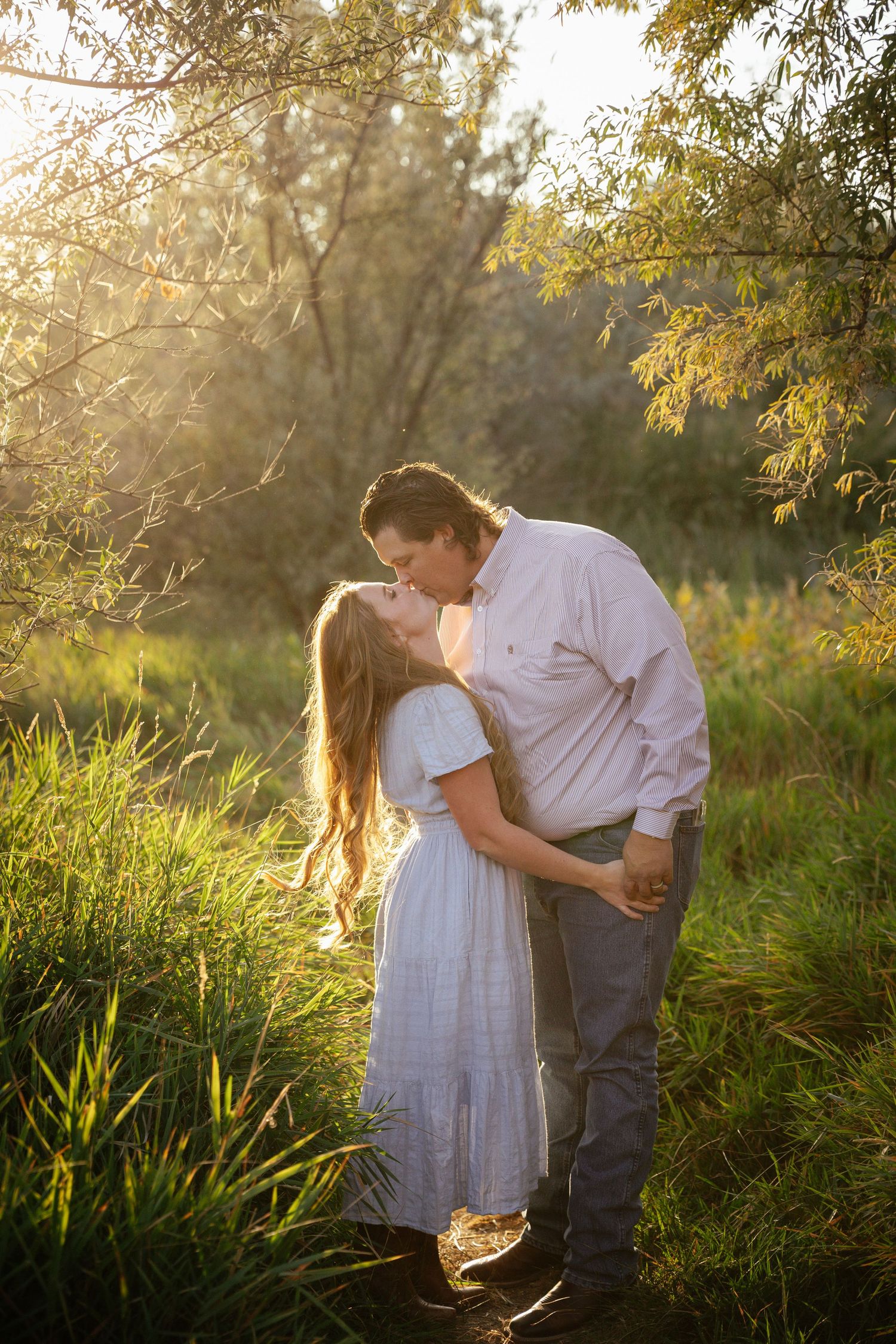 A romantic couple embraces in a sun-drenched meadow with tall grass and golden light filtering through trees.