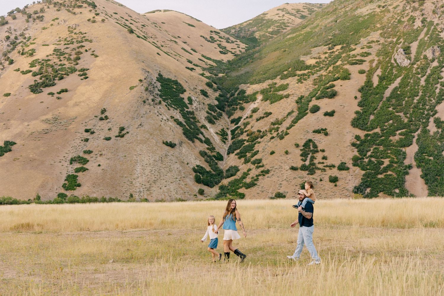 Two people walk through a golden meadow against a backdrop of rugged brown mountains on a sunny day.