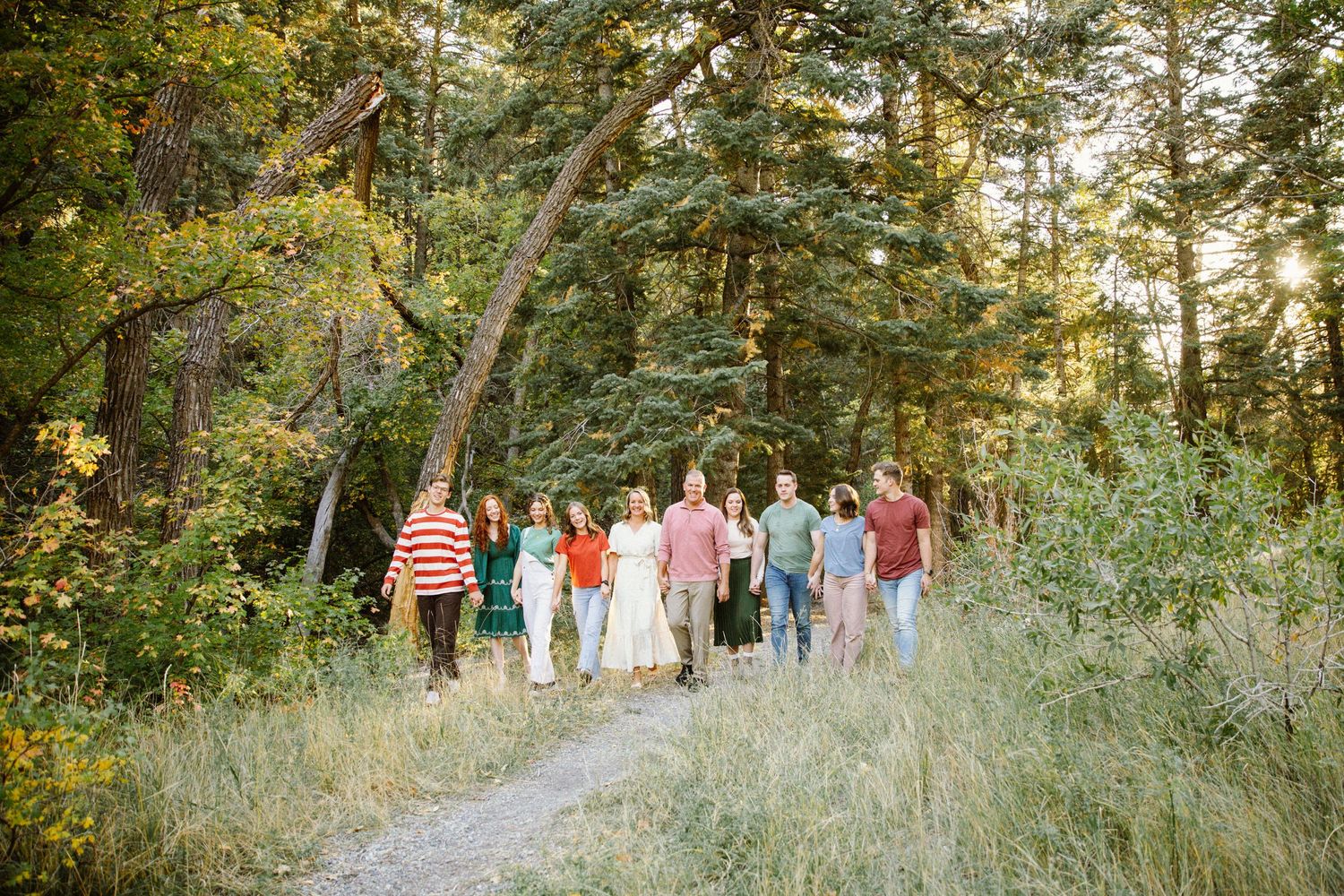 People walking along a wooded path through lush green forest.