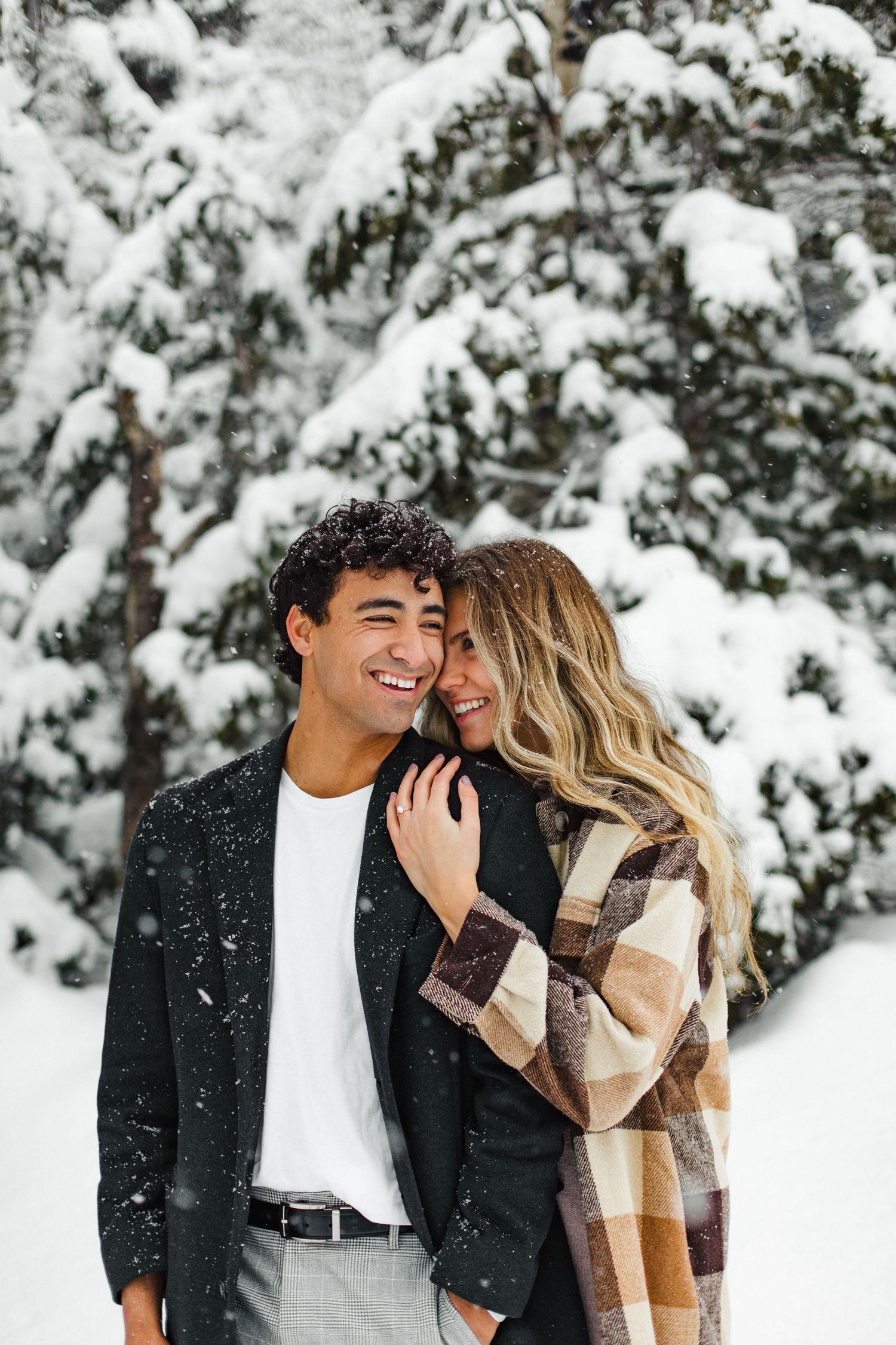 A couple laughs together during a winter photoshoot with snow-covered pine trees in the background.