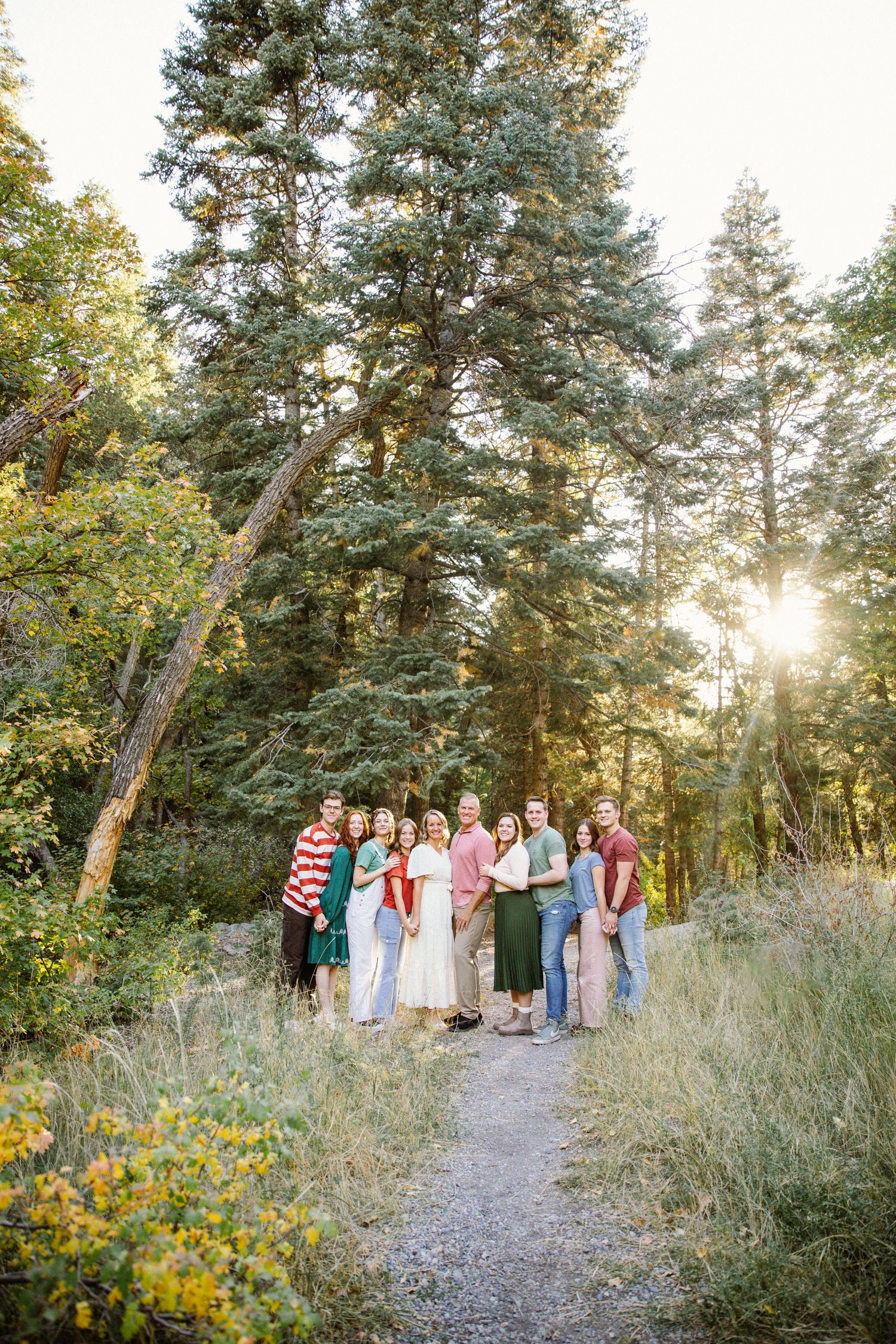 A scenic group photo session on a winding trail through pine trees at sunset.