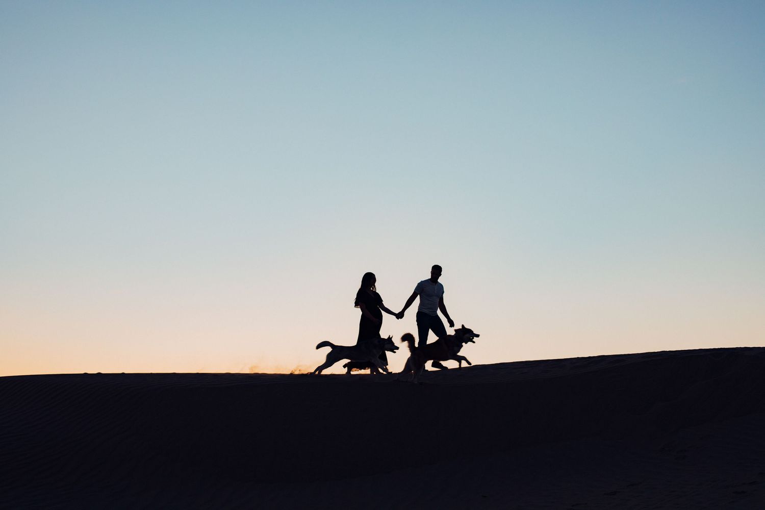 Silhouettes of figures against a blue sky gradient creating a playful scene on a hill.