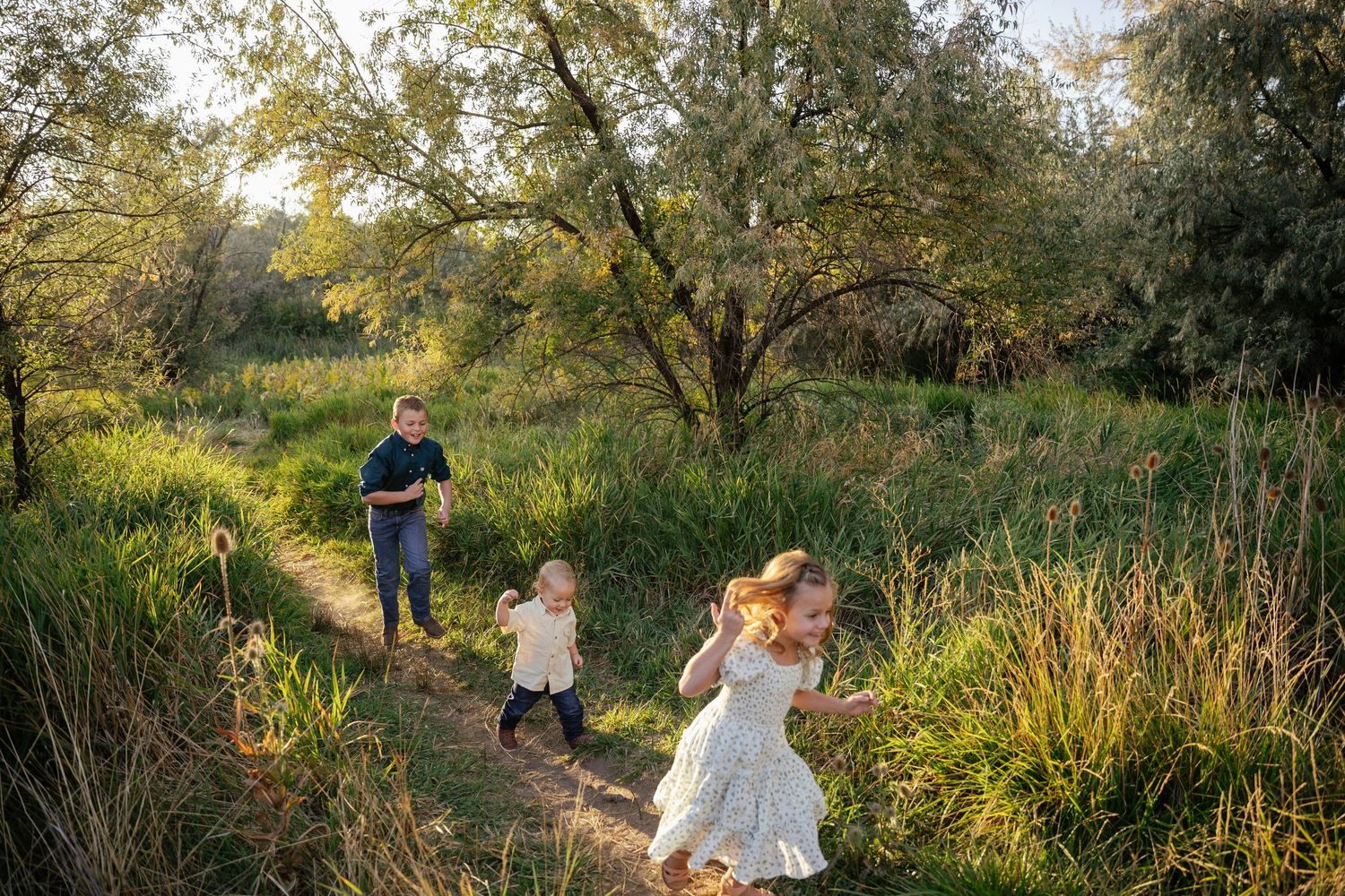 People walking along a sunlit nature trail through tall grass and trees on a warm summer evening.