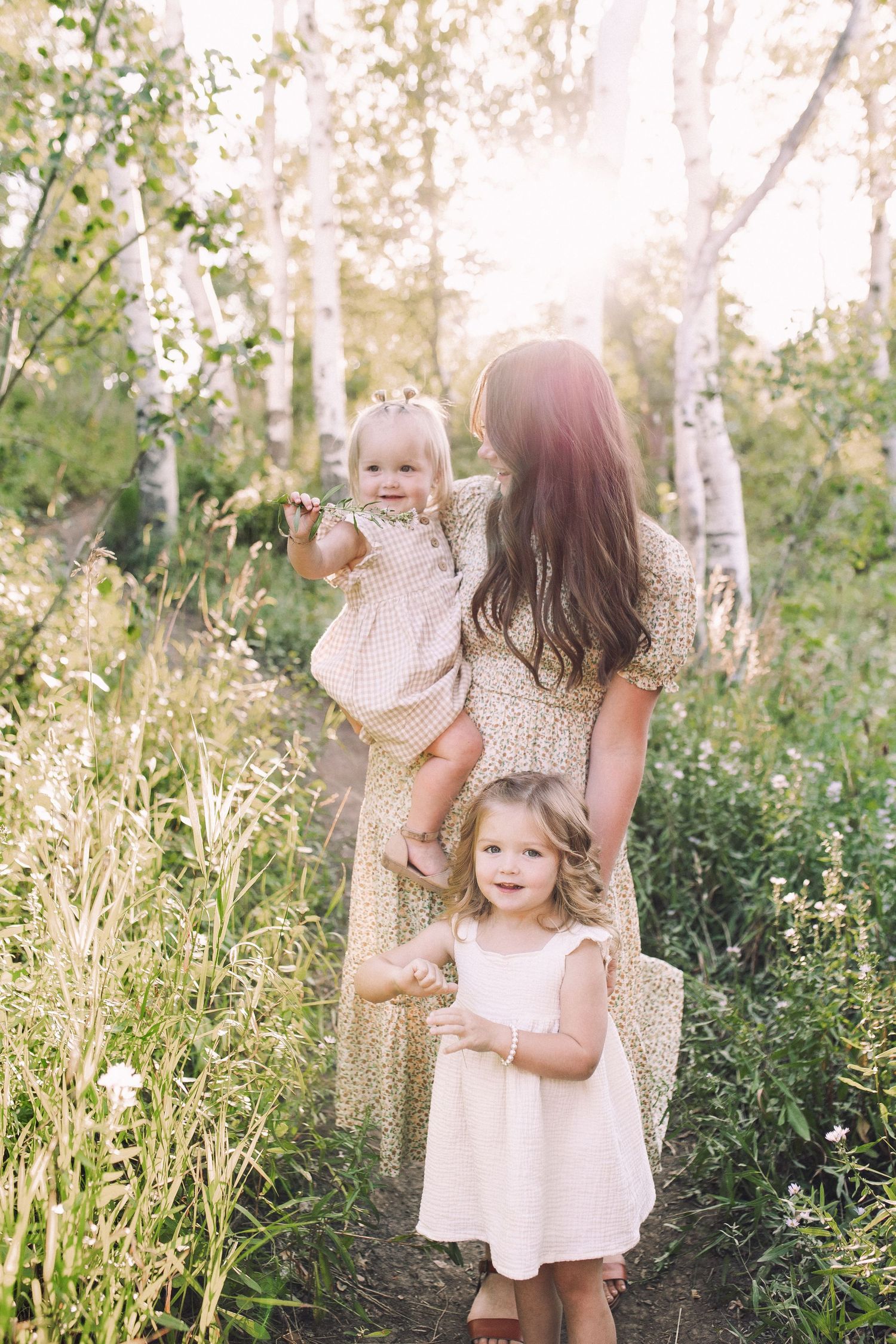 A sunlit family moment captured among birch trees and wildflowers.