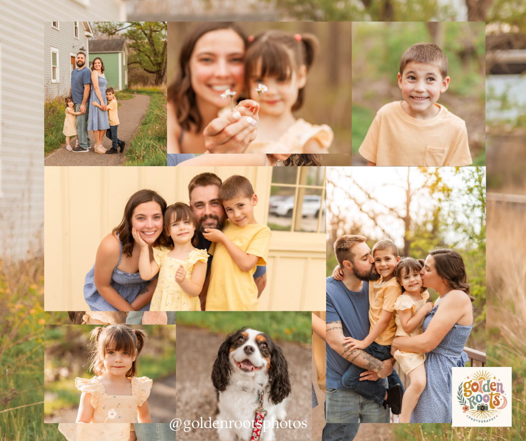A joyful family photo collage featuring parents, young children, and a Cavalier King Charles Spaniel in warm outdoor settings.