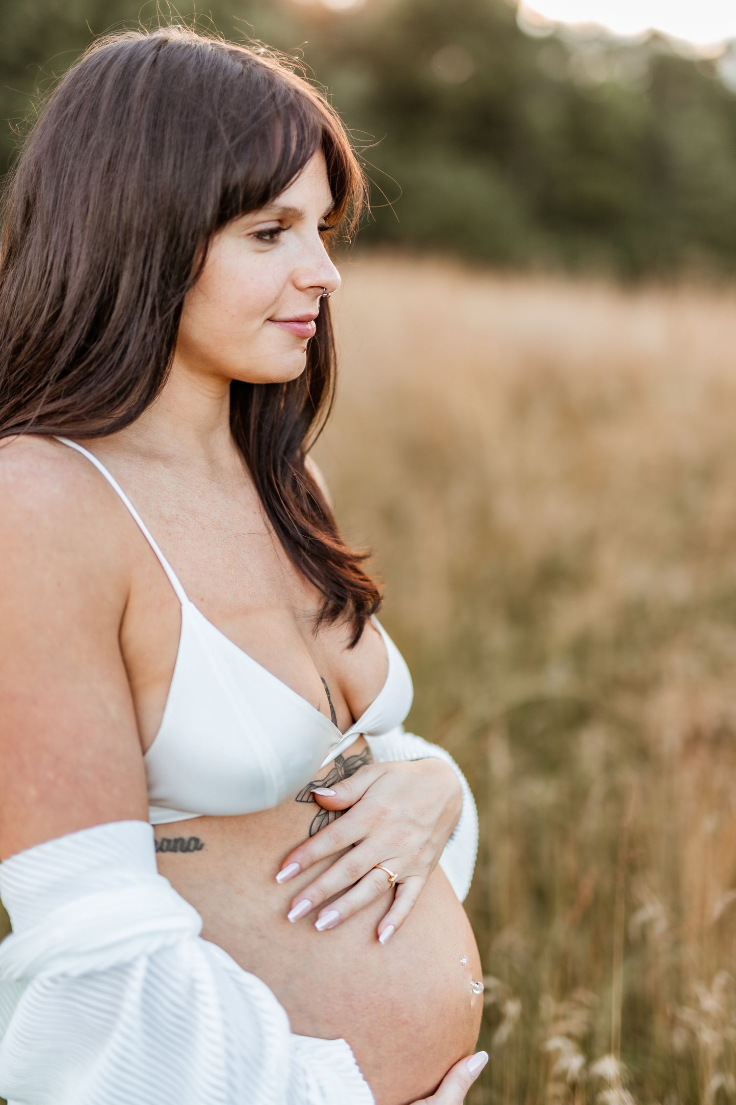 A serene maternity portrait of a woman in white against a golden field at sunset.