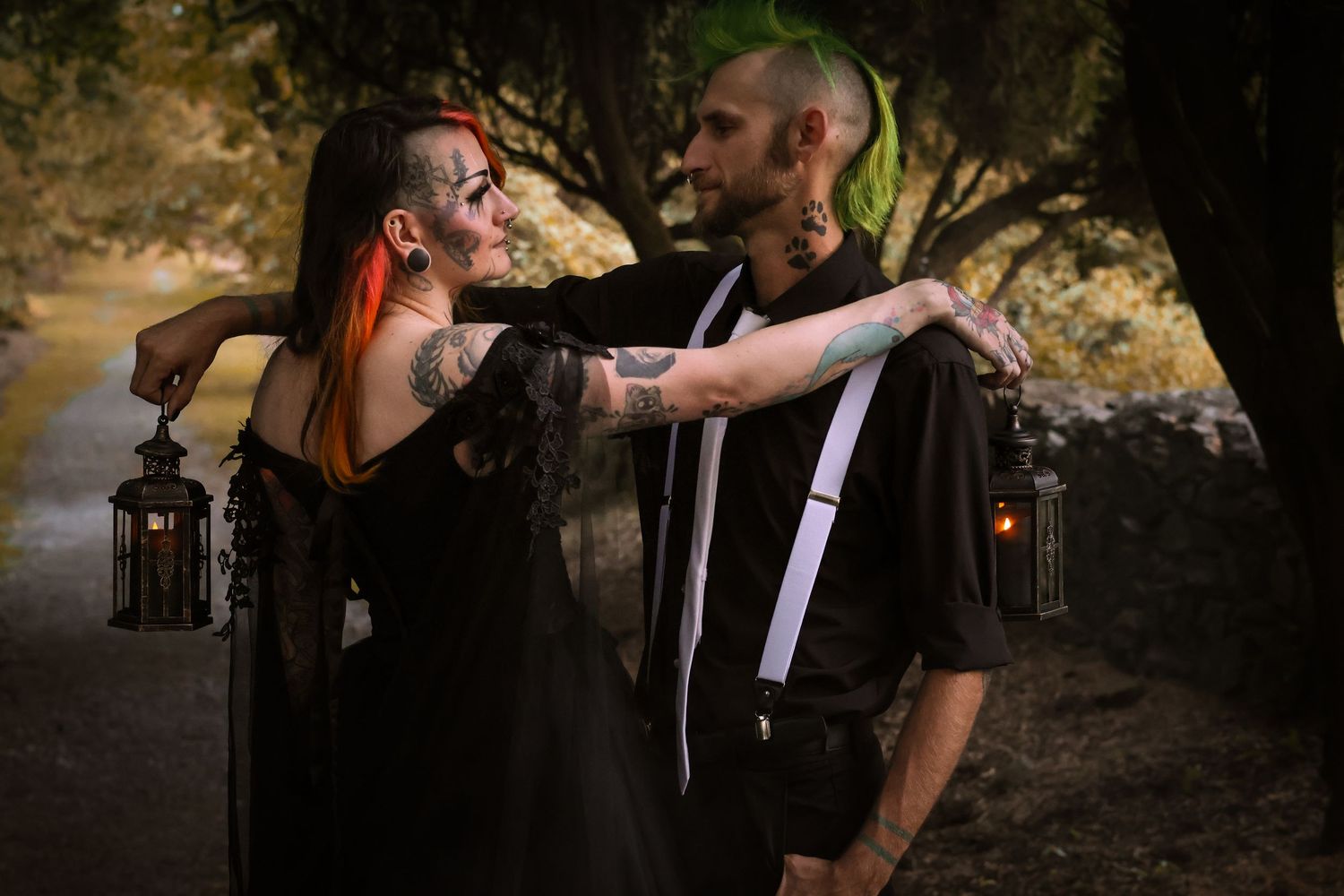 A couple shares an intimate moment during their wedding ceremony in a scenic outdoor garden setting.