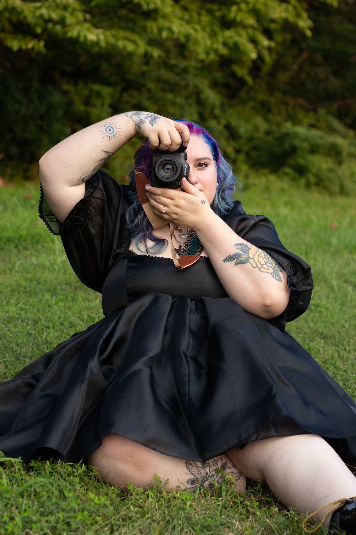 A sequence of photos showing a photographer lying in grass taking pictures with a DSLR camera from different angles.