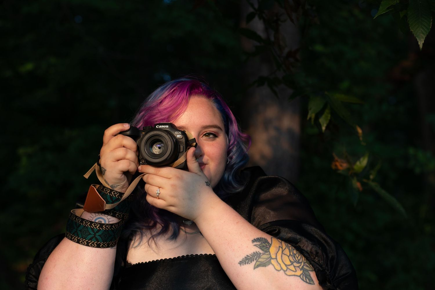 A series of cropped photos showing someone holding a camera in different positions against a dark background.