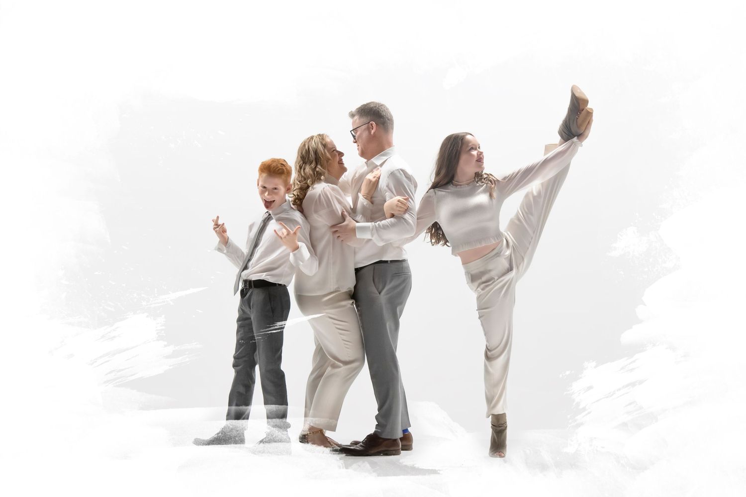 A group in white and gray outfits strikes dynamic dance poses against a light background.