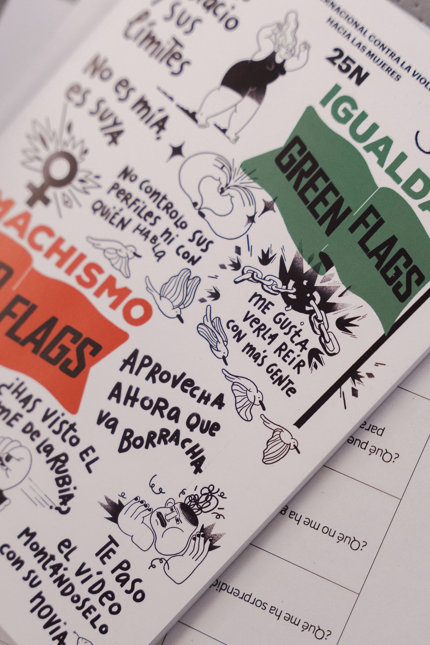 Notebook page showing hand-drawn illustrations and text about flags in orange and green.
