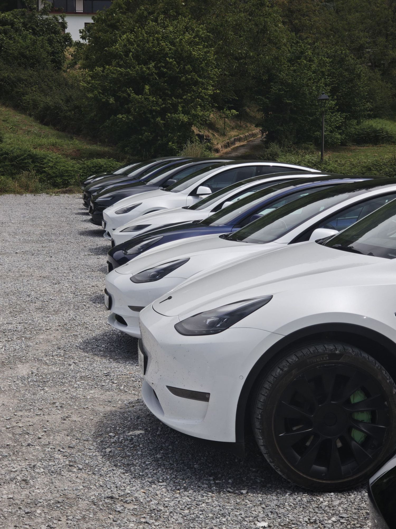 Row of white Tesla Model 3 cars parked in diagonal formation.