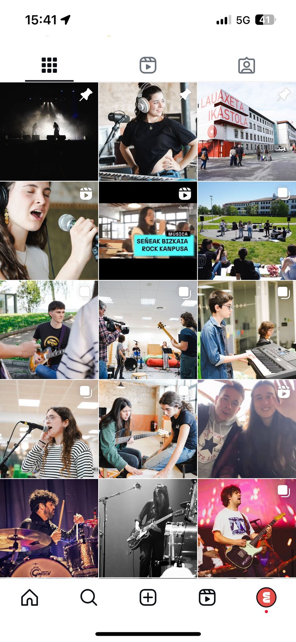 Social media grid displaying music and performance related content with various artists.