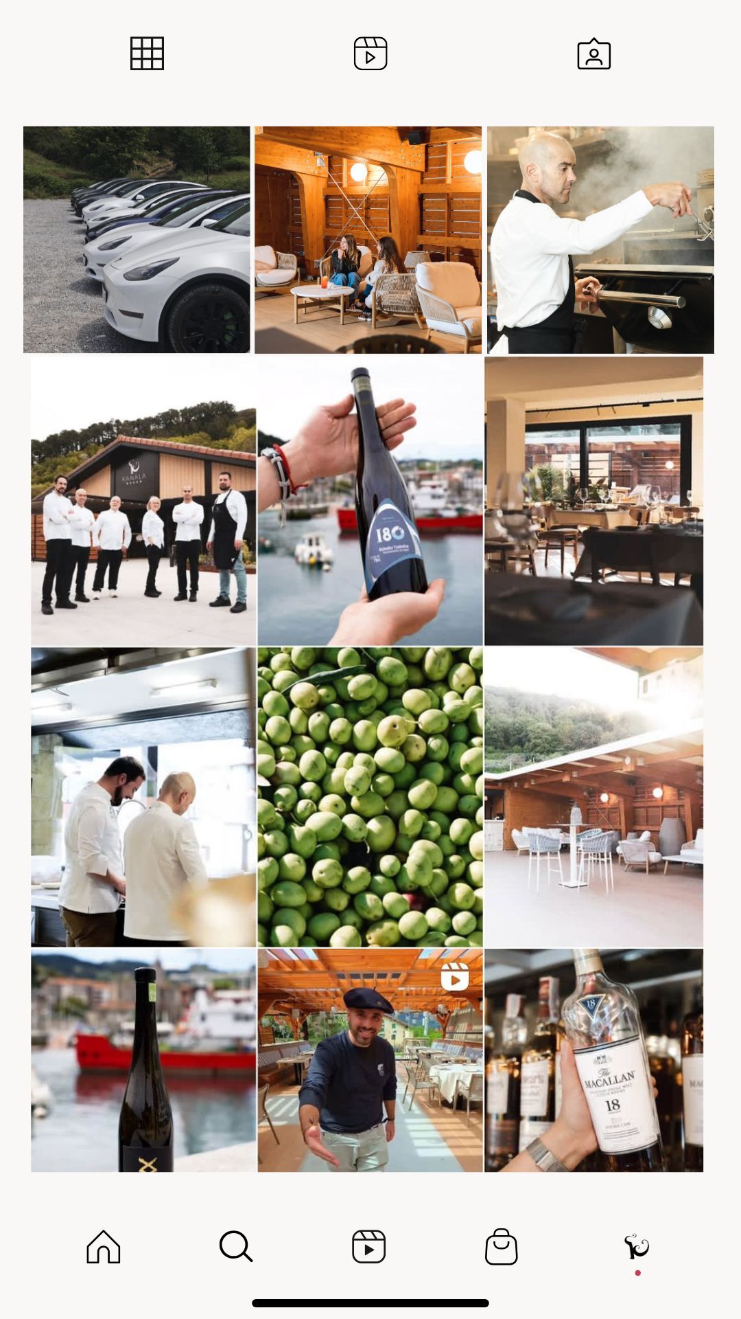 Instagram grid layout featuring lifestyle photos of food, drinks, and hospitality services.