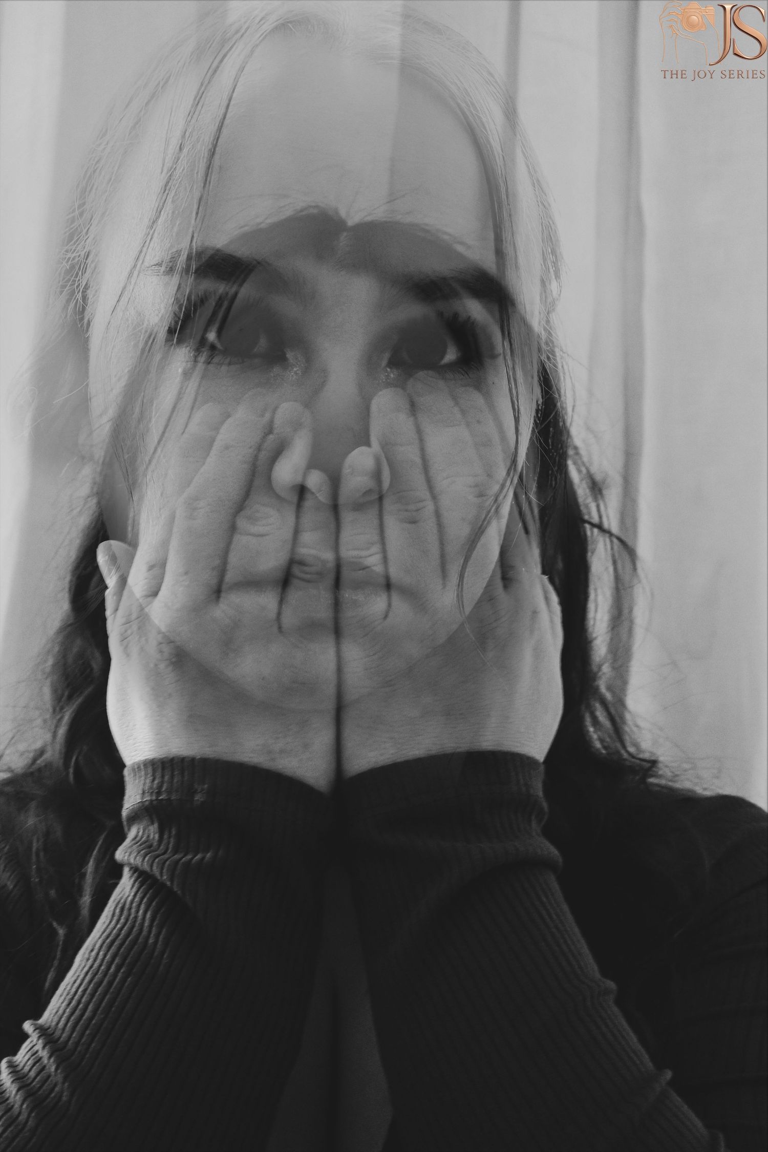 Black and white artistic portrait series showing emotional expressions in dramatic lighting.