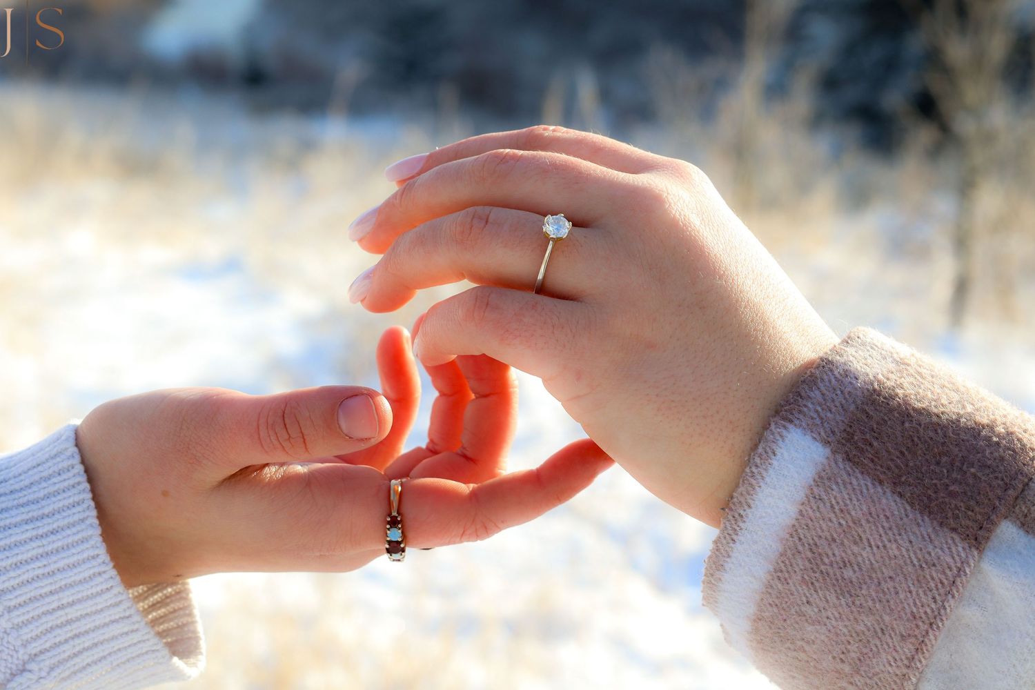 Close-up shot of a hand holding a delicate orange butterfly perched on a finger against a bright background.