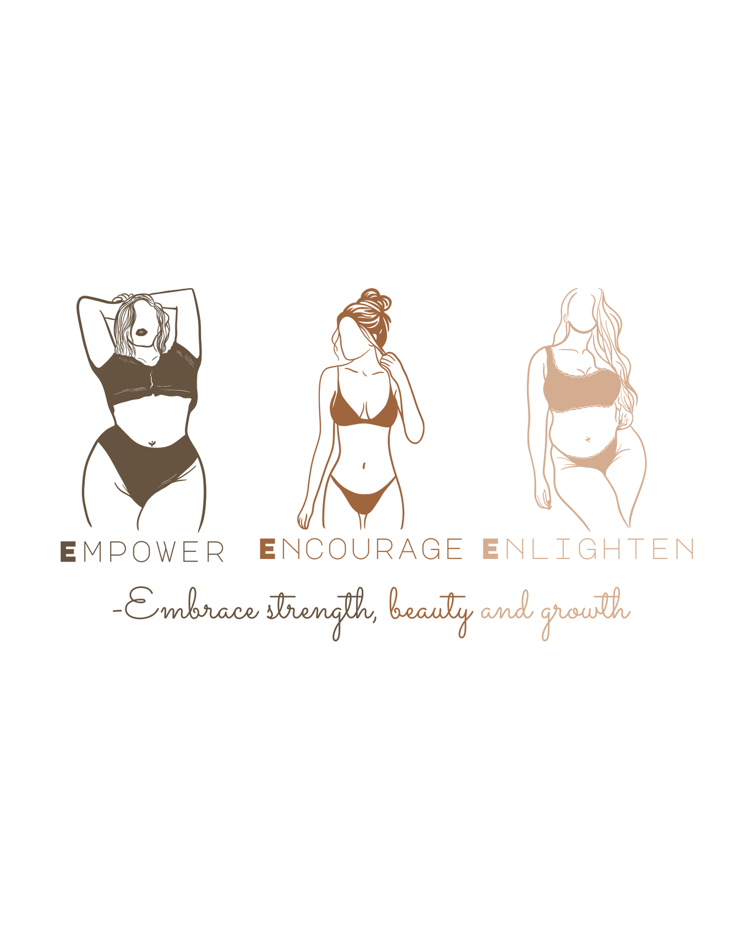 Line illustrations of three figures in swimwear with empowering text below.