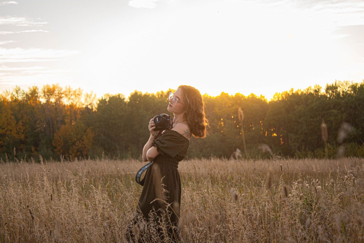Silhouette of person in dress standing in field at sunset with trees in background.