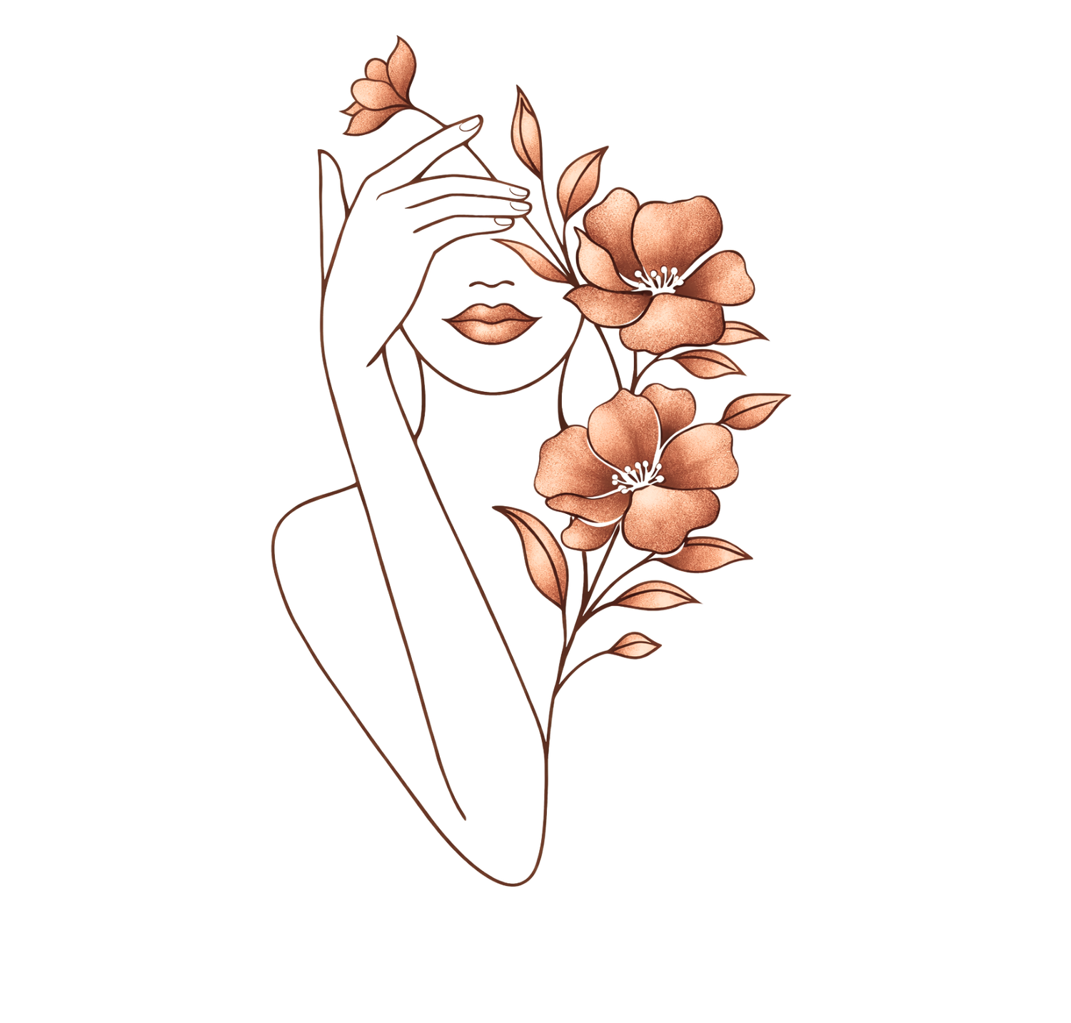 Minimalist line art of faces with floral elements in a soft coral pink color palette.