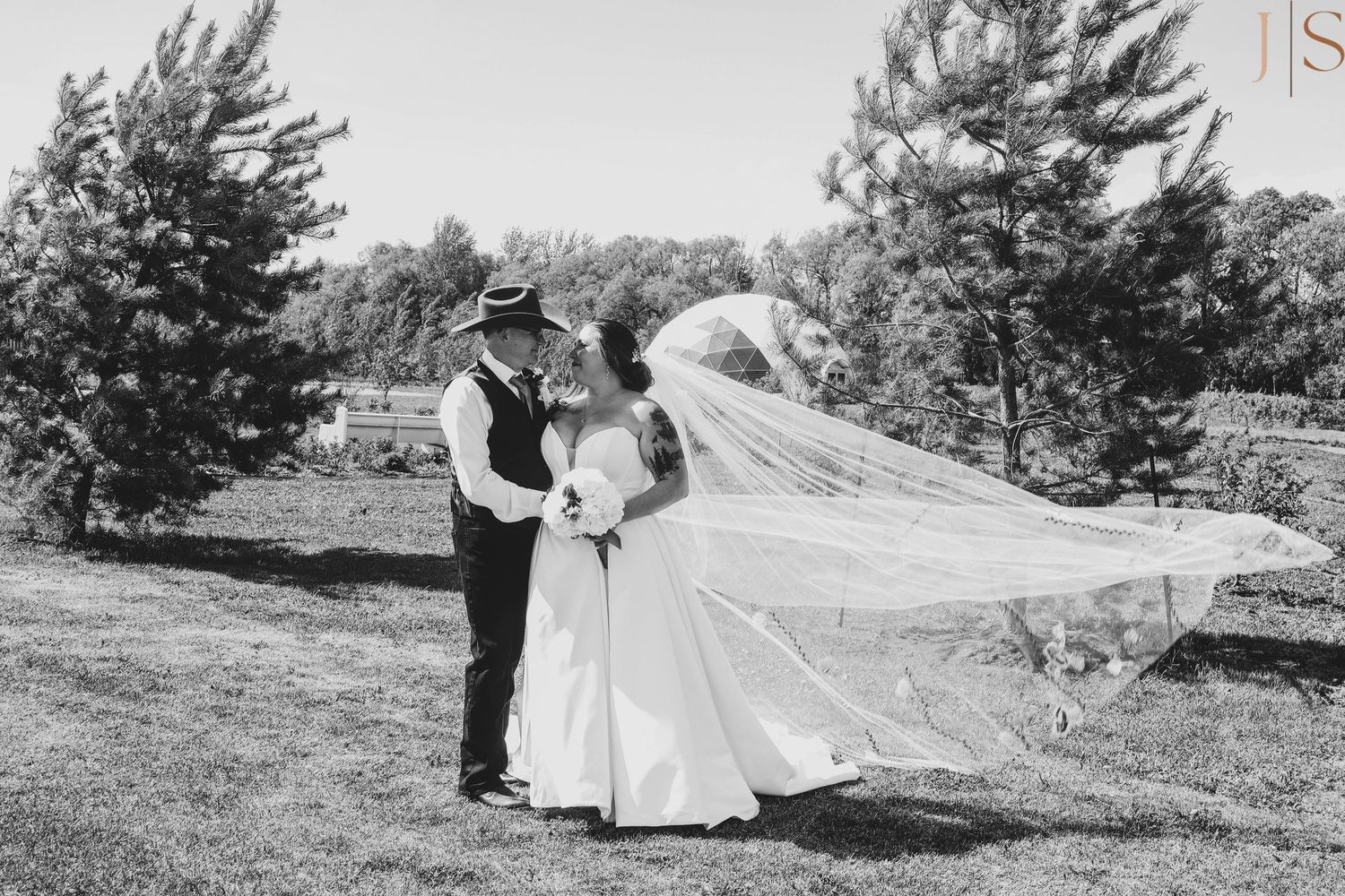Long white wedding veil flows dramatically in the wind during an outdoor ceremony among pine trees.