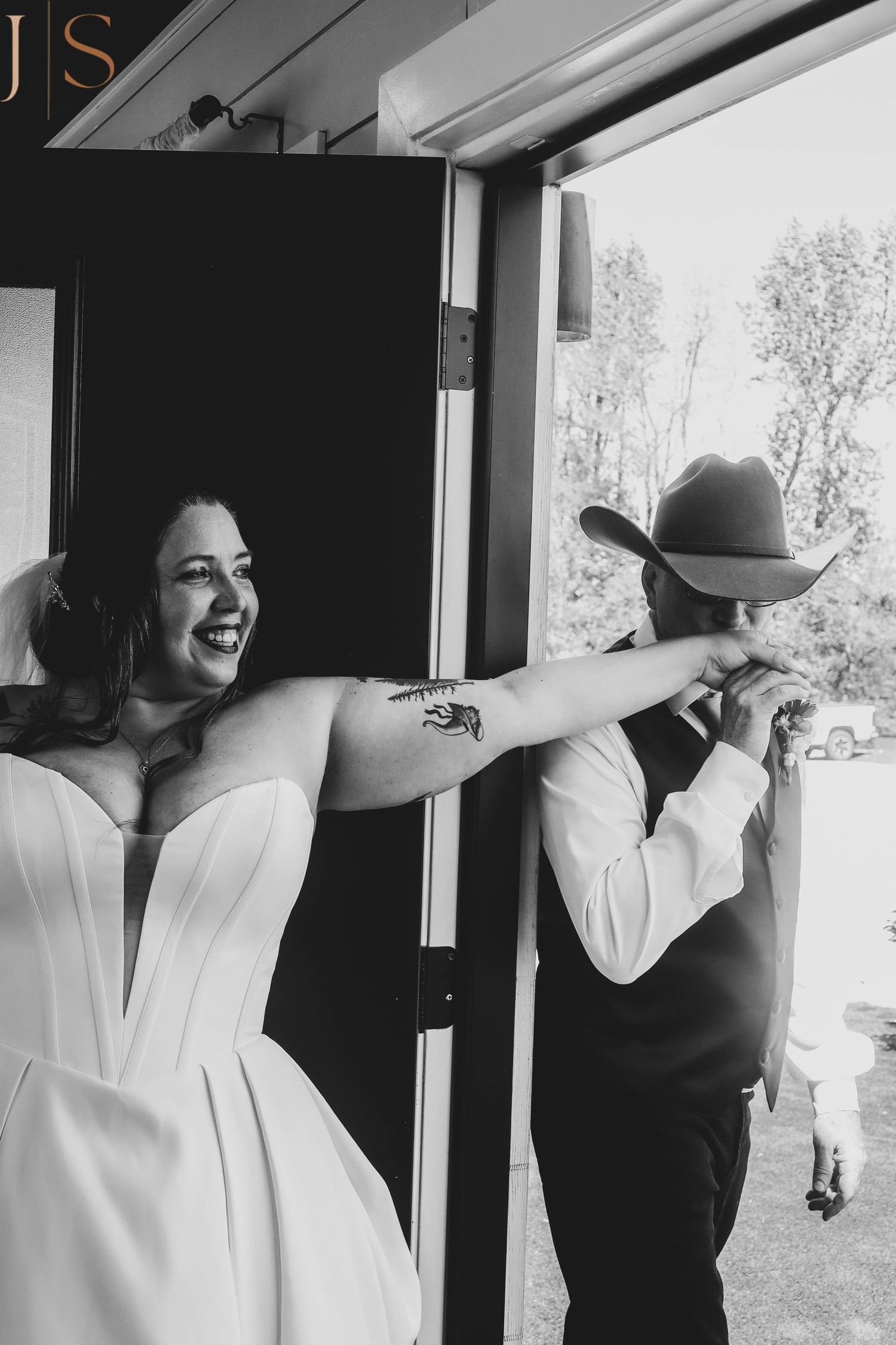 A series of black and white candid photos show people laughing and posing at a window in a playful sequence.