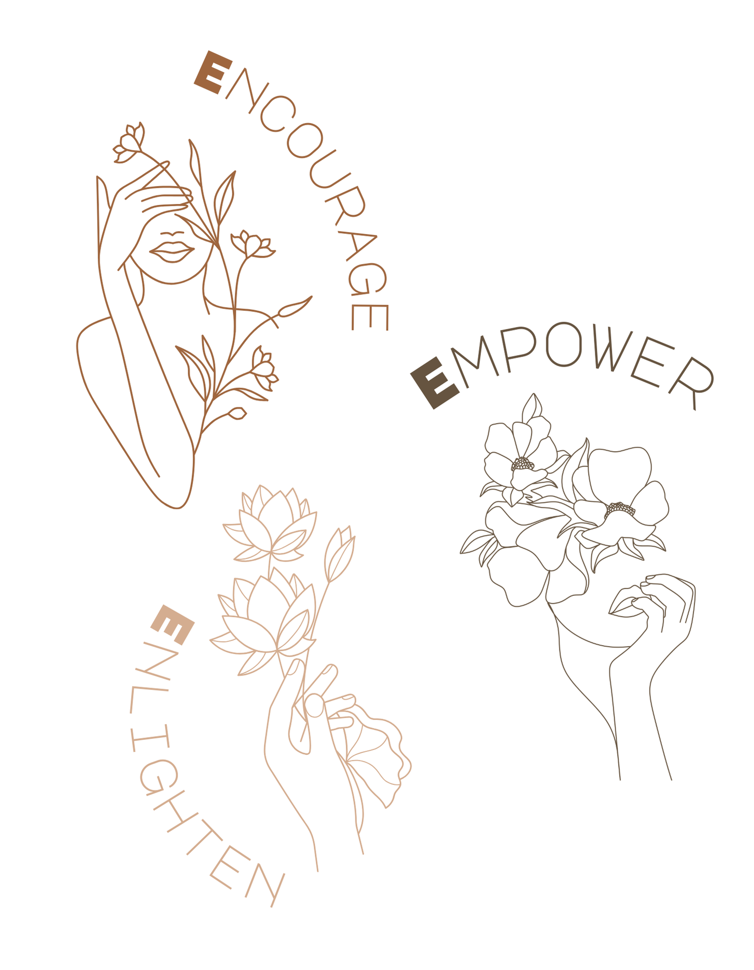 Floral line art illustrations with words Encourage, Empower, and Enlighten in copper tones.