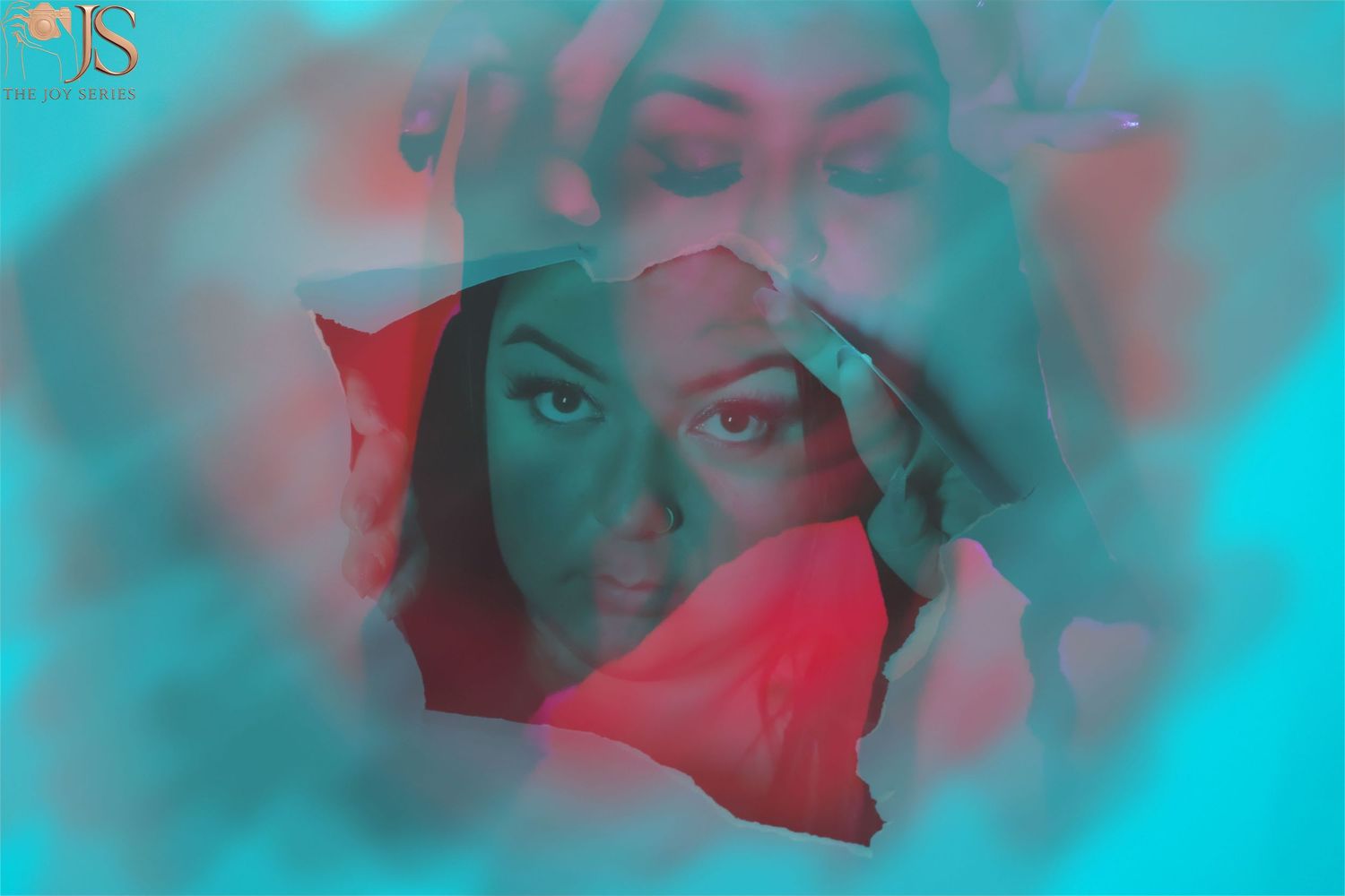 Artistic double exposure portrait in turquoise and red tones creating dreamy effect.
