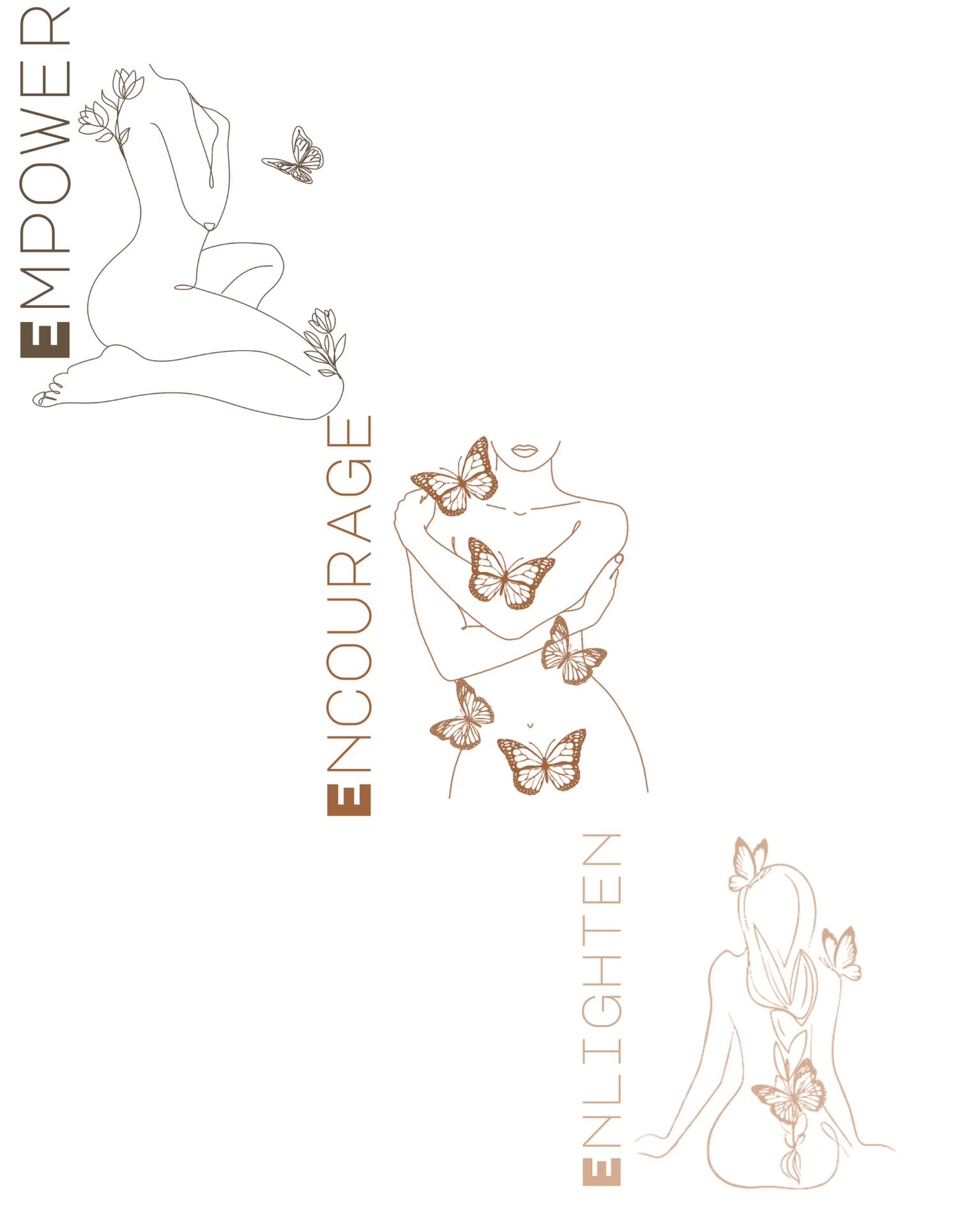 Three feminine silhouettes with butterflies and empowering text in diagonal layout.