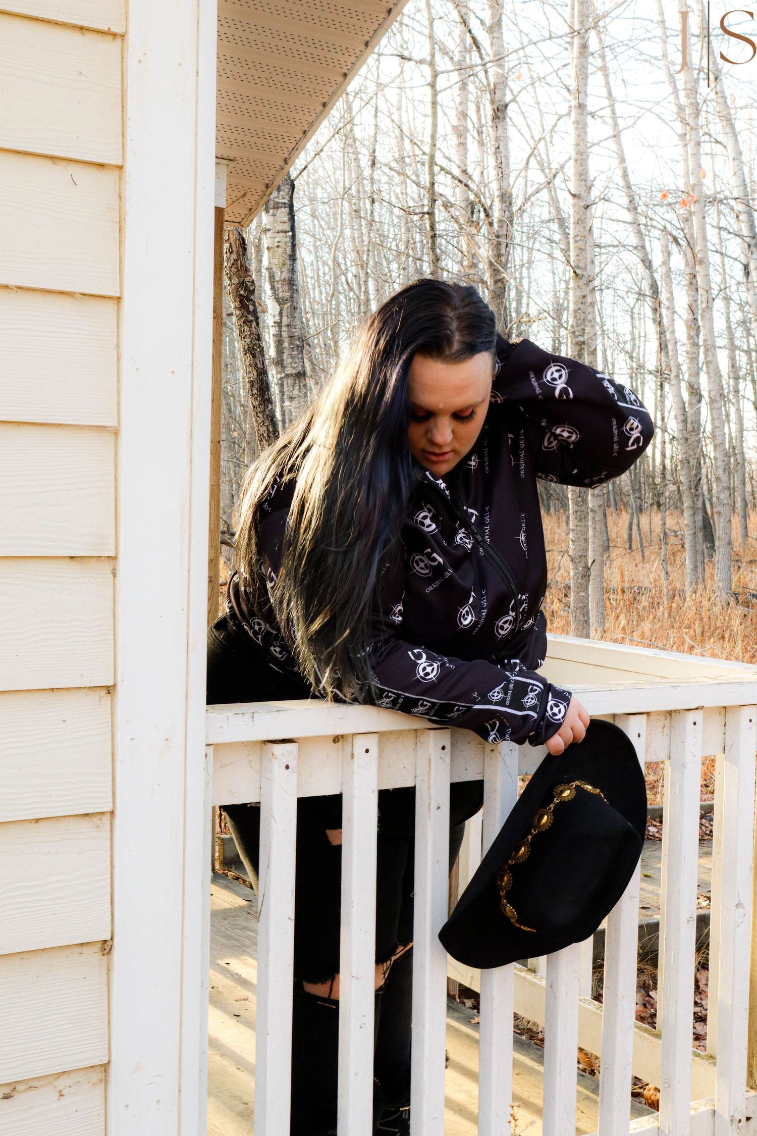 A series of photos showing someone in a black jacket jumping over a white porch railing in winter.