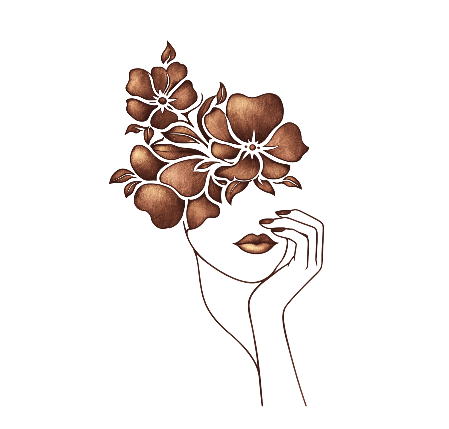 Simple brown floral design elements with line art stems and petals arranged in a decorative pattern.