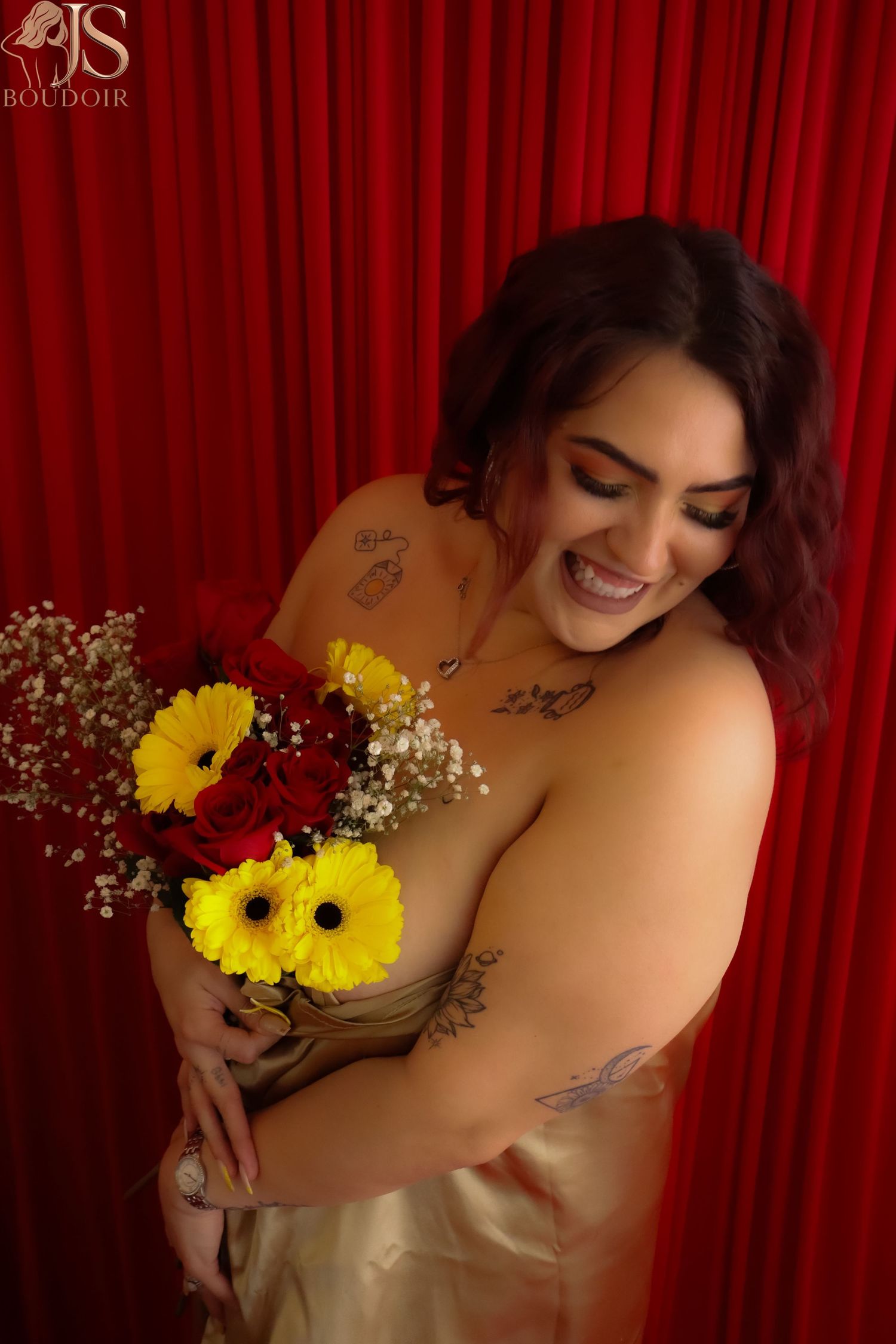 Artistic boudoir photo series with red curtain backdrop and yellow sunflowers creating romantic feminine portraits.