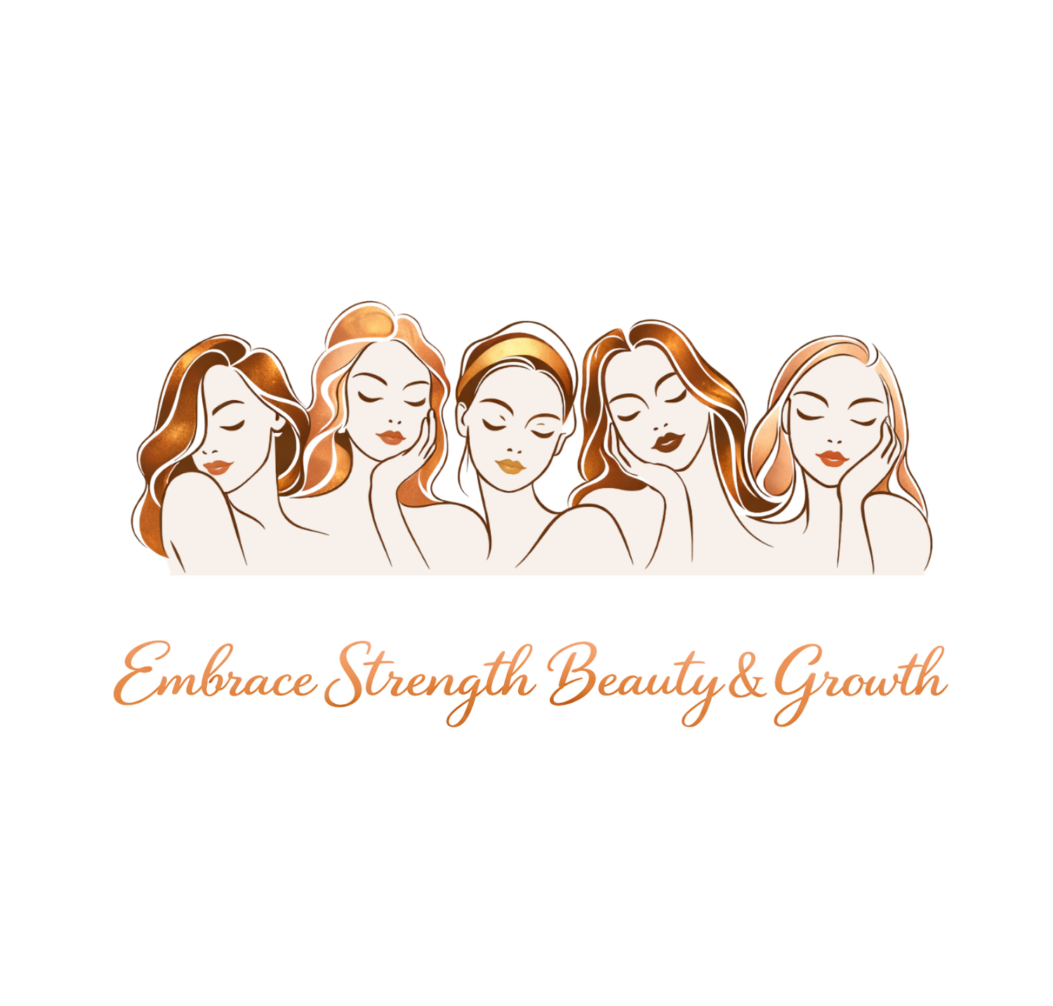 Minimalist line art illustration showing multiple feminine faces with flowing hair in orange and white tones.